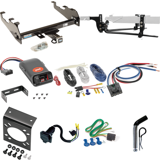 Fits 1981-1993 Dodge W250 Trailer Hitch Tow PKG w/ 11.5K Round Bar Weight Distribution Hitch w/ 2-5/16" Ball + Pin/Clip + Pro Series POD Brake Control + Generic BC Wiring Adapter + 7-Way RV Wiring (For w/Deep Drop Bumper Models) By Reese Towpower