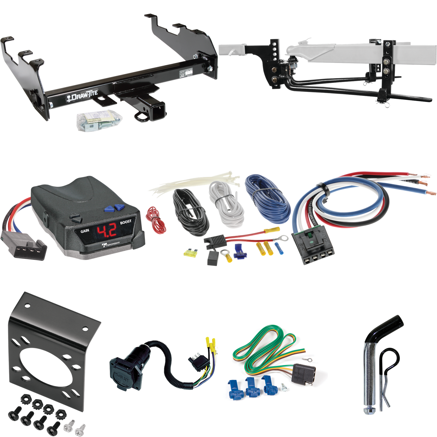 Fits 1969-1970 International 1000D Trailer Hitch Tow PKG w/ 11.5K Round Bar Weight Distribution Hitch w/ 2-5/16" Ball + Pin/Clip + Tekonsha BRAKE-EVN Brake Control + Generic BC Wiring Adapter + 7-Way RV Wiring (For w/Deep Drop Bumper Models) By Draw-