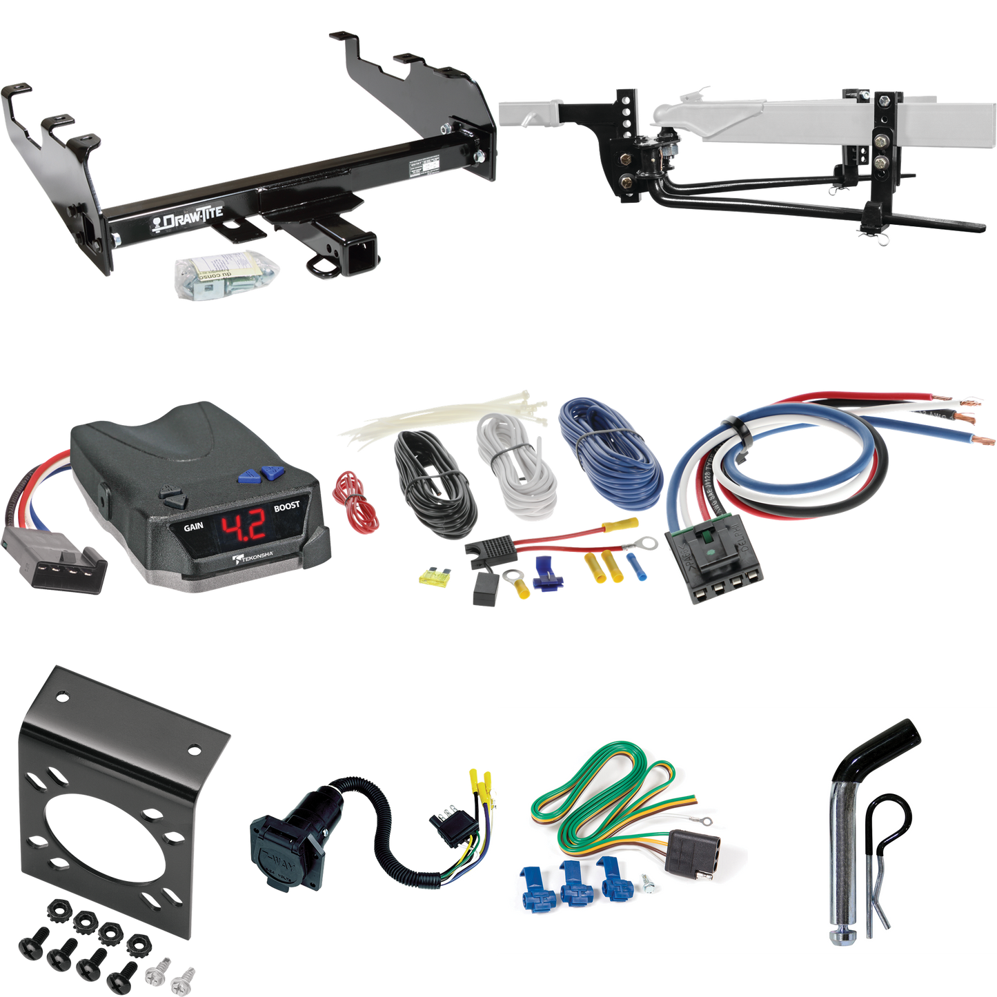 Fits 1963-1965 GMC 1000 Series Trailer Hitch Tow PKG w/ 11.5K Round Bar Weight Distribution Hitch w/ 2-5/16" Ball + Pin/Clip + Tekonsha BRAKE-EVN Brake Control + Generic BC Wiring Adapter + 7-Way RV Wiring (For w/Deep Drop Bumper Models) By Draw-Tite