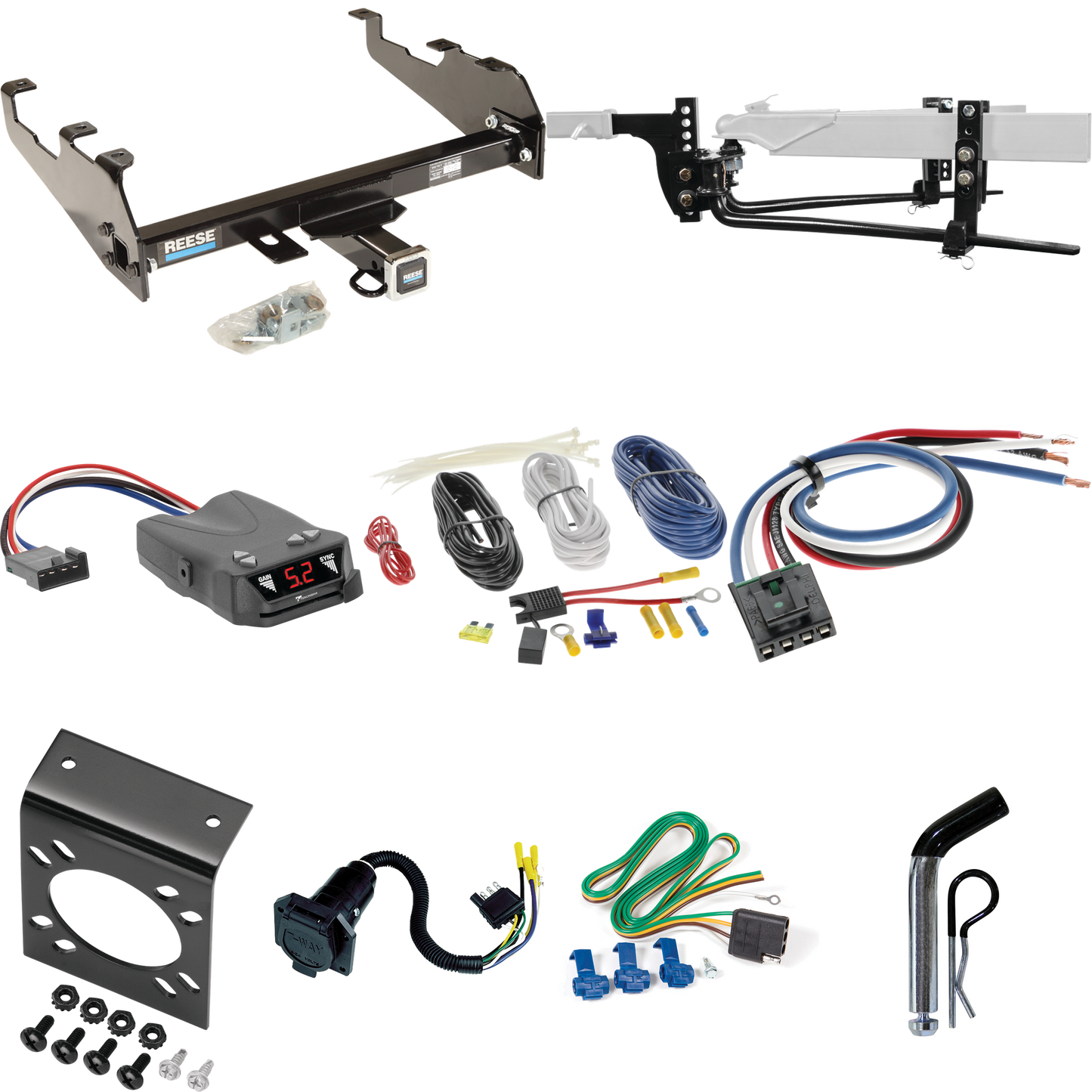 Fits 1981-1993 Dodge W250 Trailer Hitch Tow PKG w/ 11.5K Round Bar Weight Distribution Hitch w/ 2-5/16" Ball + Pin/Clip + Tekonsha Brakeman IV Brake Control + Generic BC Wiring Adapter + 7-Way RV Wiring (For w/Deep Drop Bumper Models) By Reese Towpow