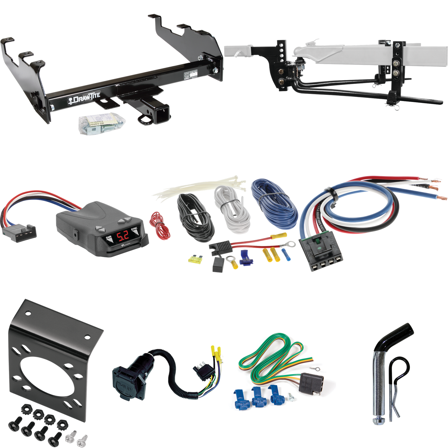 Fits 1977-1993 Dodge W150 Trailer Hitch Tow PKG w/ 11.5K Round Bar Weight Distribution Hitch w/ 2-5/16" Ball + Pin/Clip + Tekonsha Brakeman IV Brake Control + Generic BC Wiring Adapter + 7-Way RV Wiring (For w/Deep Drop Bumper Models) By Draw-Tite