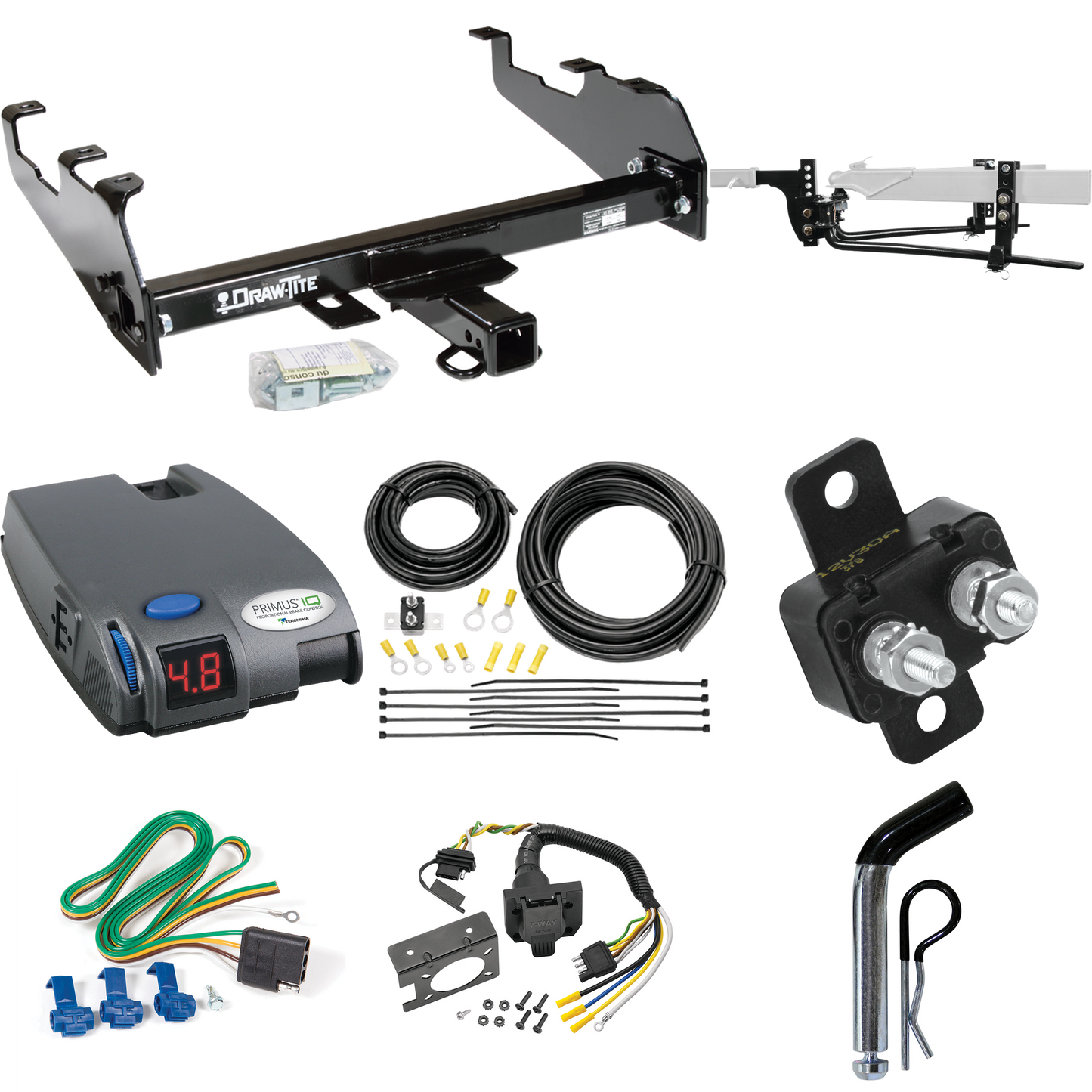 Fits 1989-1997 Ford F Super Duty Trailer Hitch Tow PKG w/ 11.5K Round Bar Weight Distribution Hitch w/ 2-5/16" Ball + Pin/Clip + Tekonsha Primus IQ Brake Control + 7-Way RV Wiring (For Cab & Chassis, w/34" Wide Frames & 161" Wheelbase & w/Deep Drop B