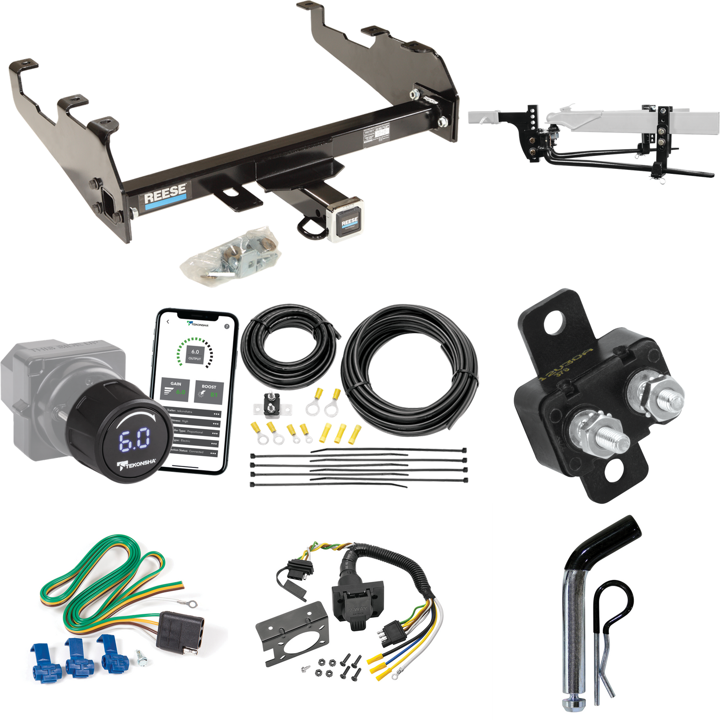 Fits 1981-1993 Dodge D350 Trailer Hitch Tow PKG w/ 11.5K Round Bar Weight Distribution Hitch w/ 2-5/16" Ball + Pin/Clip + Tekonsha Prodigy iD Bluetooth Wireless Brake Control + 7-Way RV Wiring (For w/Deep Drop Bumper Models) By Reese Towpower