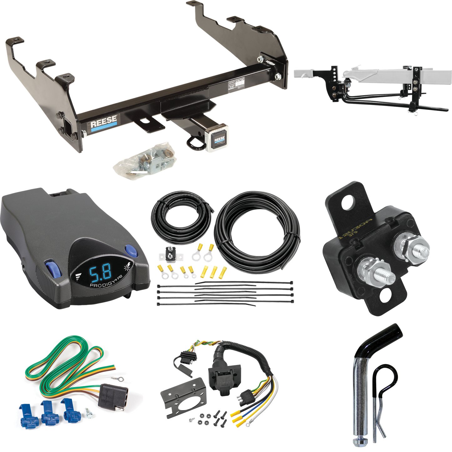 Fits 1981-1993 Dodge D250 Trailer Hitch Tow PKG w/ 11.5K Round Bar Weight Distribution Hitch w/ 2-5/16" Ball + Pin/Clip + Tekonsha Prodigy P2 Brake Control + 7-Way RV Wiring (For w/Deep Drop Bumper Models) By Reese Towpower