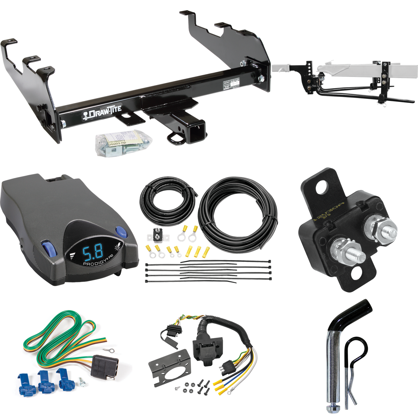 Fits 1981-1985 Dodge D350 Trailer Hitch Tow PKG w/ 11.5K Round Bar Weight Distribution Hitch w/ 2-5/16" Ball + Pin/Clip + Tekonsha Prodigy P2 Brake Control + 7-Way RV Wiring (For w/Deep Drop Bumper Models) By Draw-Tite