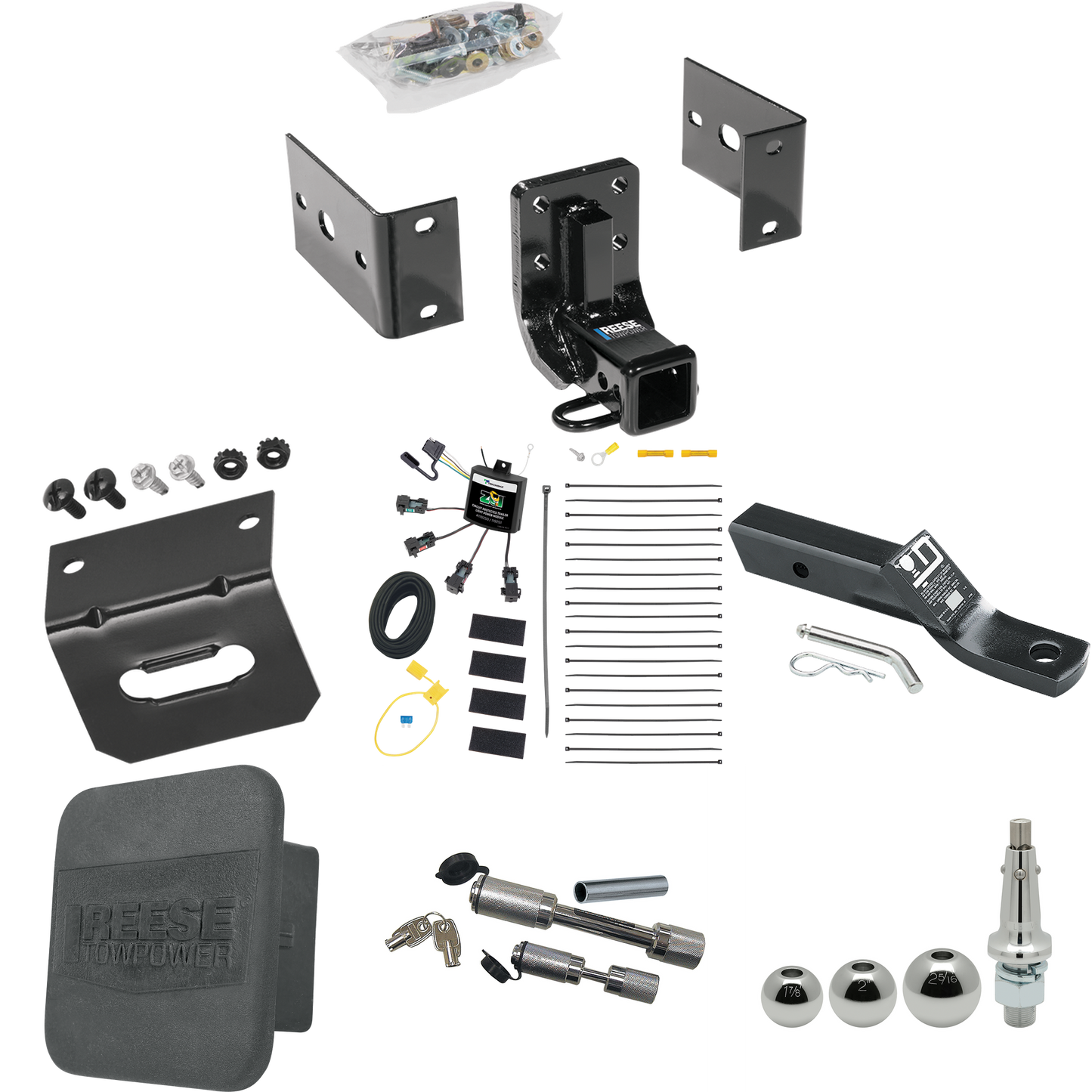 Fits 1999-2001 Mercedes-Benz ML430 Trailer Hitch Tow PKG w/ 4-Flat Zero Contact "No Splice" Wiring + Ball Mount w/ 2" Drop + Interchangeable Ball 1-7/8" & 2" & 2-5/16" + Wiring Bracket + Dual Hitch & Coupler Locks + Hitch Cover By Reese Towpower