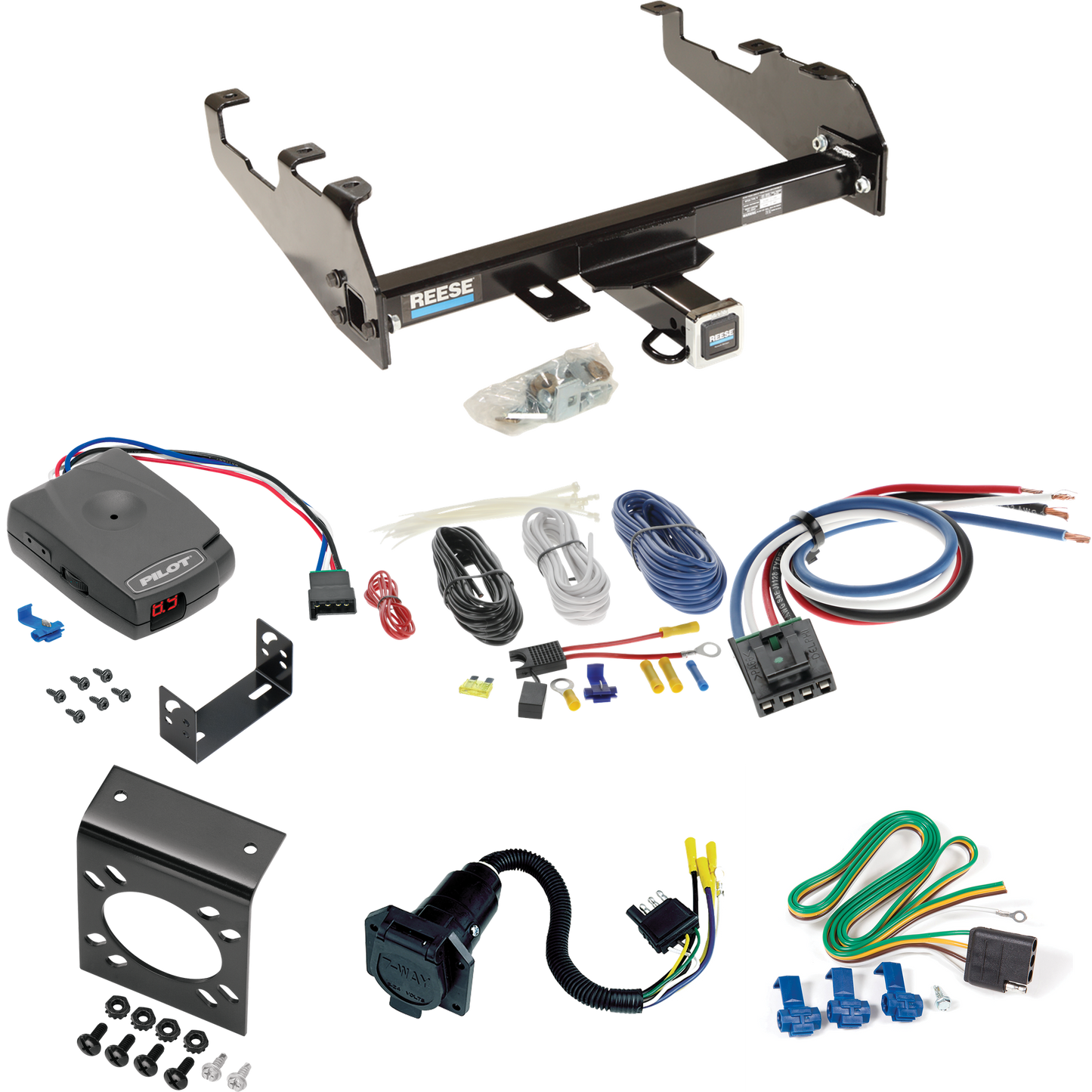 Fits 1981-1993 Dodge W250 Trailer Hitch Tow PKG w/ Pro Series Pilot Brake Control + Generic BC Wiring Adapter + 7-Way RV Wiring (For w/Deep Drop Bumper Models) By Reese Towpower