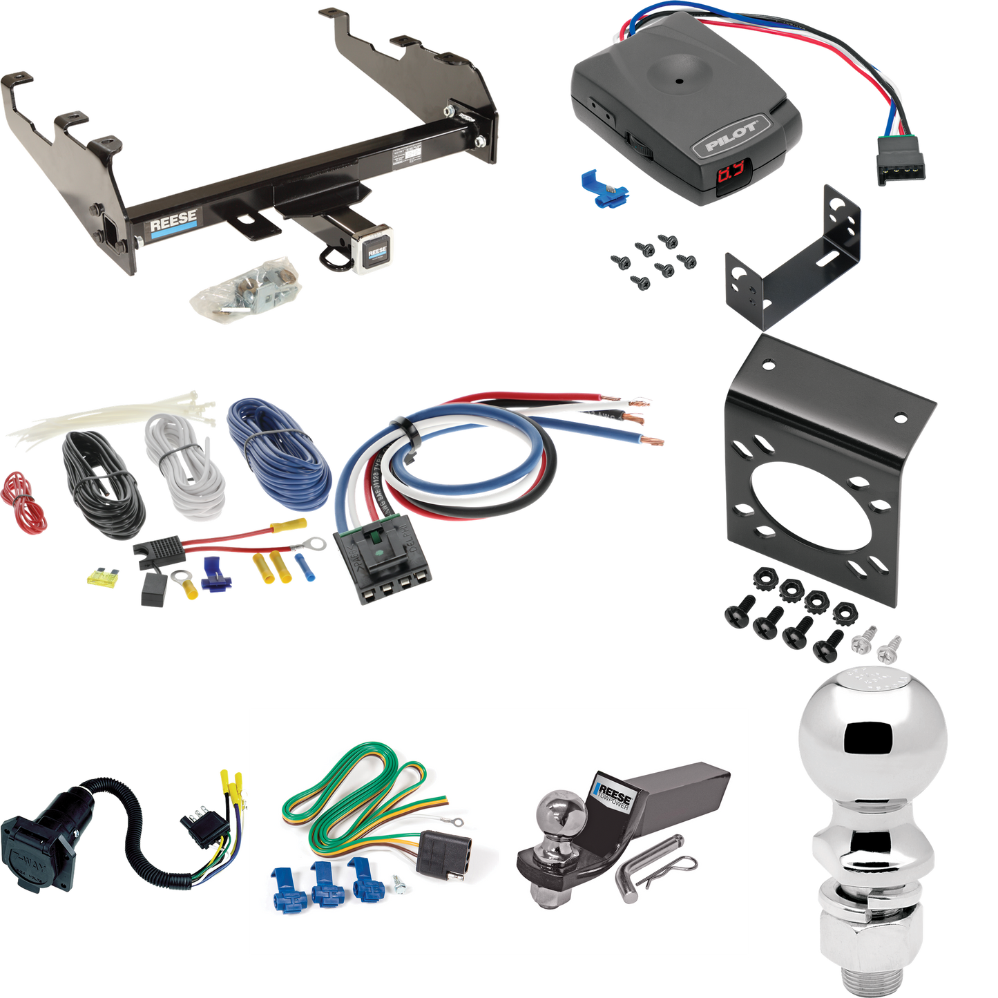 Fits 1989-1997 Ford F Super Duty Trailer Hitch Tow PKG w/ Pro Series Pilot Brake Control + Generic BC Wiring Adapter + 7-Way RV Wiring + 2" & 2-5/16" Ball & Drop Mount (For Cab & Chassis, w/34" Wide Frames & 161" Wheelbase & w/Deep Drop Bumper Models