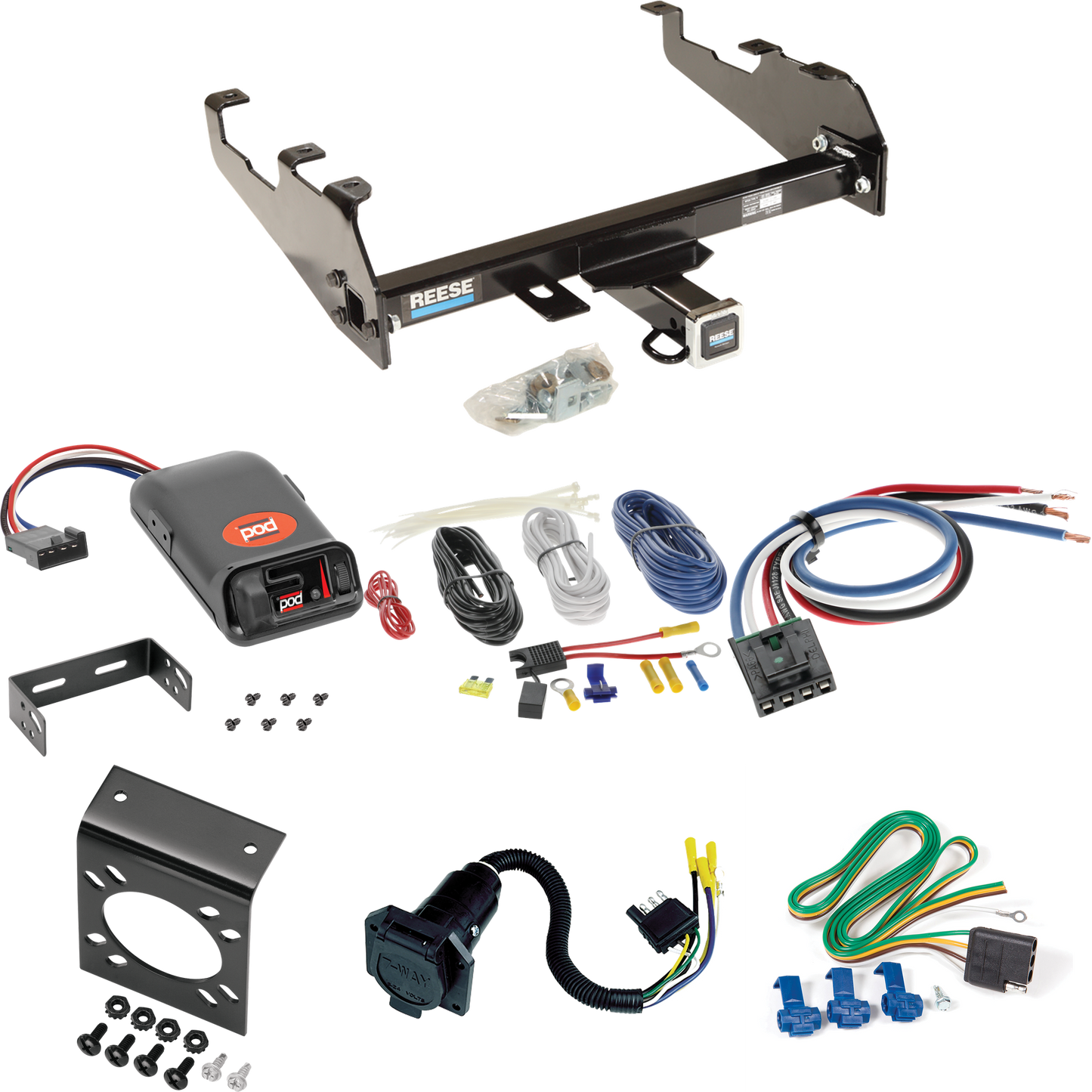 Fits 1969-1970 International 1000D Trailer Hitch Tow PKG w/ Pro Series POD Brake Control + Generic BC Wiring Adapter + 7-Way RV Wiring (For w/Deep Drop Bumper Models) By Reese Towpower