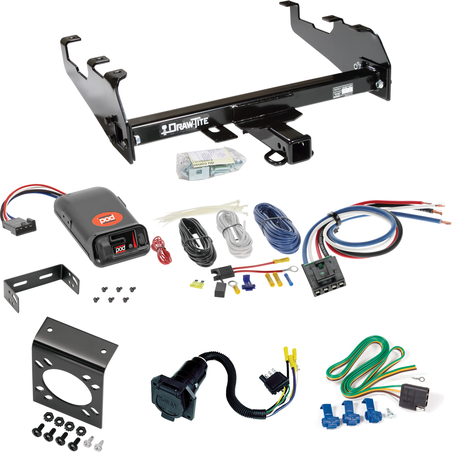 Fits 1969-1970 International 1000D Trailer Hitch Tow PKG w/ Pro Series POD Brake Control + Generic BC Wiring Adapter + 7-Way RV Wiring (For w/Deep Drop Bumper Models) By Draw-Tite