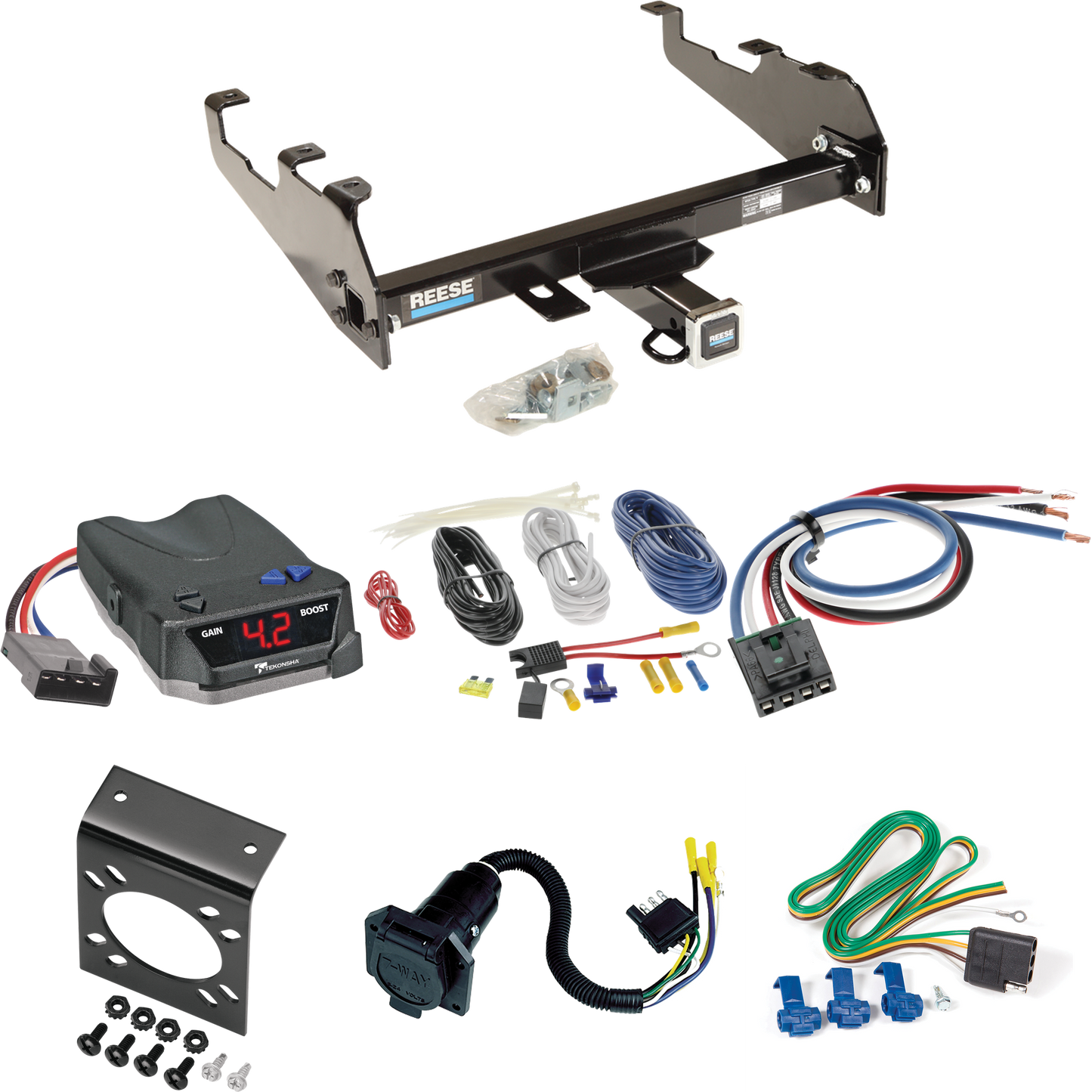 Fits 1981-1993 Dodge D350 Trailer Hitch Tow PKG w/ Tekonsha BRAKE-EVN Brake Control + Generic BC Wiring Adapter + 7-Way RV Wiring (For w/Deep Drop Bumper Models) By Reese Towpower