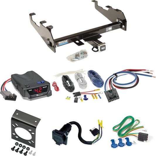 Fits 1974-1981 Plymouth Trailduster Trailer Hitch Tow PKG w/ Tekonsha BRAKE-EVN Brake Control + Generic BC Wiring Adapter + 7-Way RV Wiring (For w/Deep Drop Bumper, Except w/Skid Shield Models) By Reese Towpower