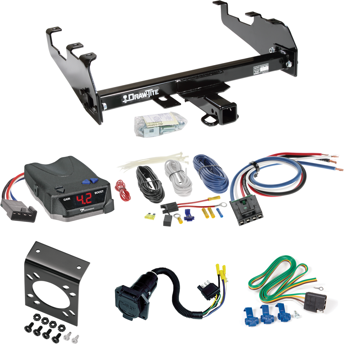 Fits 1974-1988 Dodge Ramcharger Trailer Hitch Tow PKG w/ Tekonsha BRAKE-EVN Brake Control + Generic BC Wiring Adapter + 7-Way RV Wiring (For w/Deep Drop Bumper, Except w/Skid Shield Models) By Draw-Tite