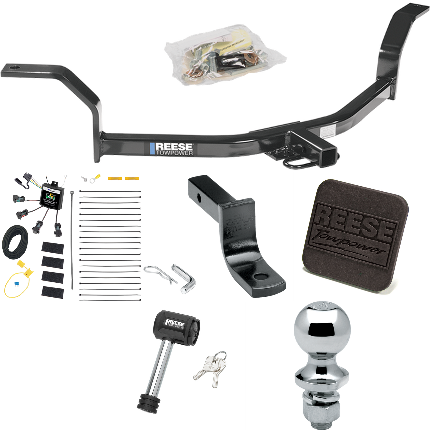 Fits 2001-2005 Honda Civic Trailer Hitch Tow PKG w/ 4-Flat Zero Contact "No Splice" Wiring Harness + Draw-Bar + 1-7/8" Ball + Hitch Cover + Hitch Lock By Reese Towpower