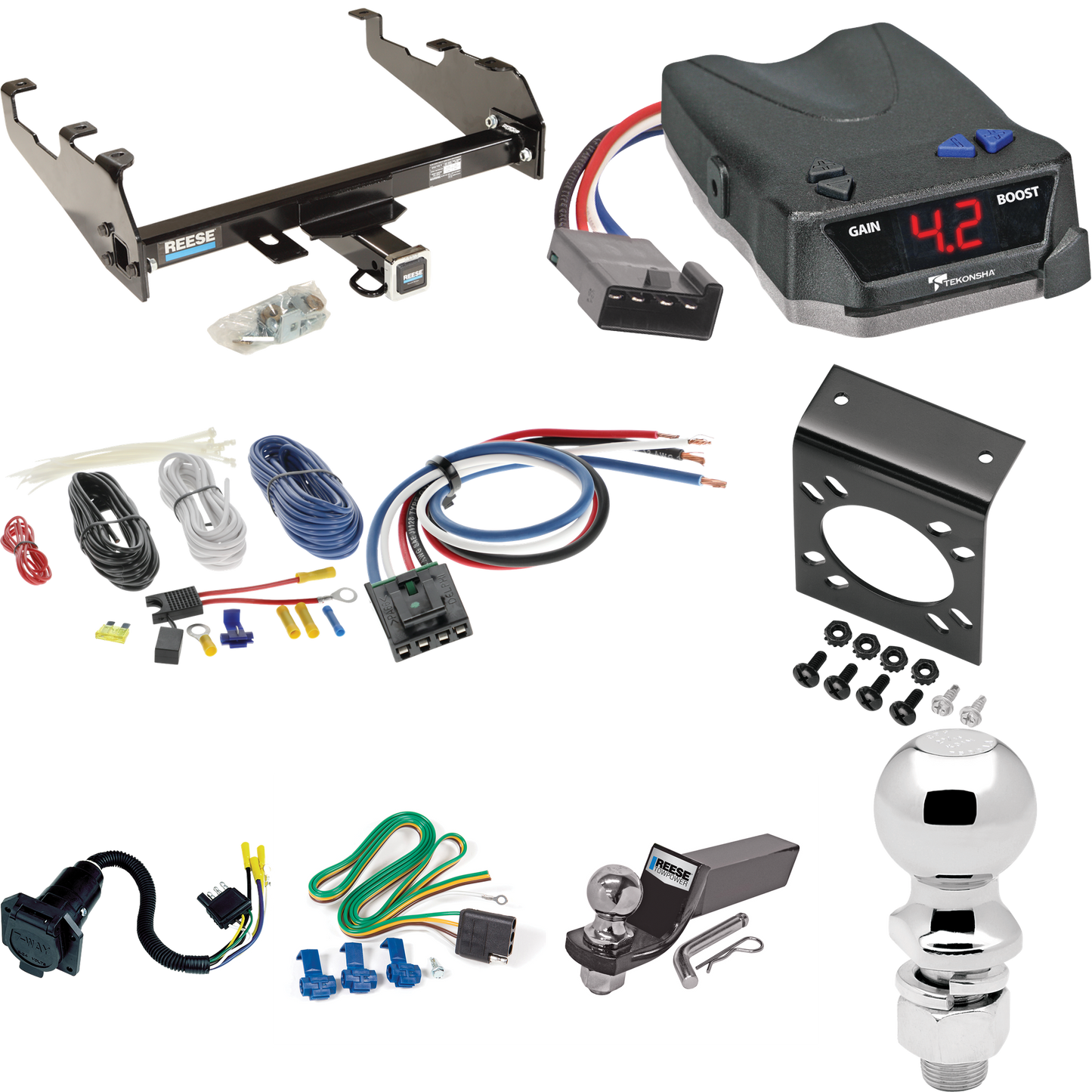 Fits 1968-1980 Dodge D200 Trailer Hitch Tow PKG w/ Tekonsha BRAKE-EVN Brake Control + Generic BC Wiring Adapter + 7-Way RV Wiring + 2" & 2-5/16" Ball & Drop Mount (For w/Deep Drop Bumper Models) By Reese Towpower