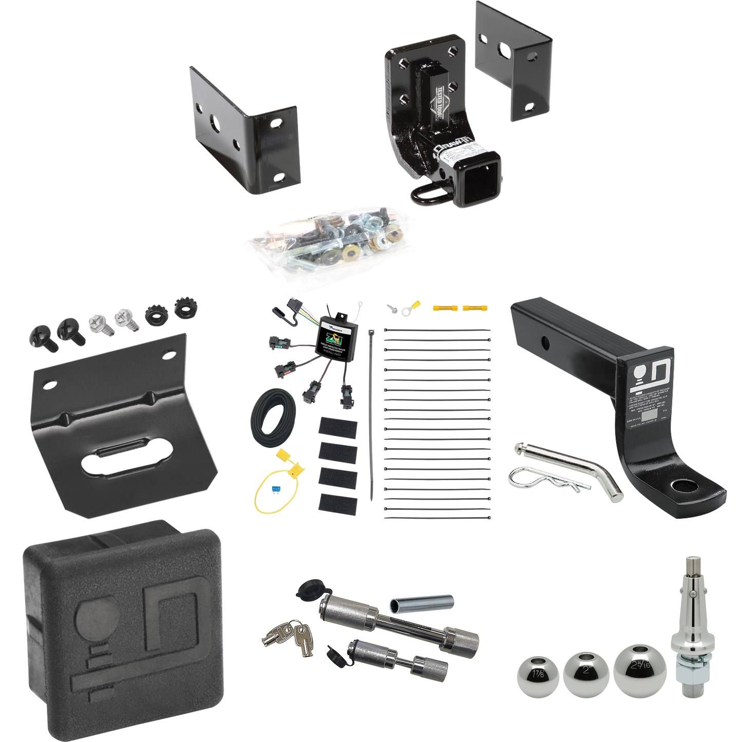 Fits 2003-2005 Mercedes-Benz ML350 Trailer Hitch Tow PKG w/ 4-Flat Zero Contact "No Splice" Wiring + Ball Mount w/ 4" Drop + Interchangeable Ball 1-7/8" & 2" & 2-5/16" + Wiring Bracket + Dual Hitch & Coupler Locks + Hitch Cover By Draw-Tite