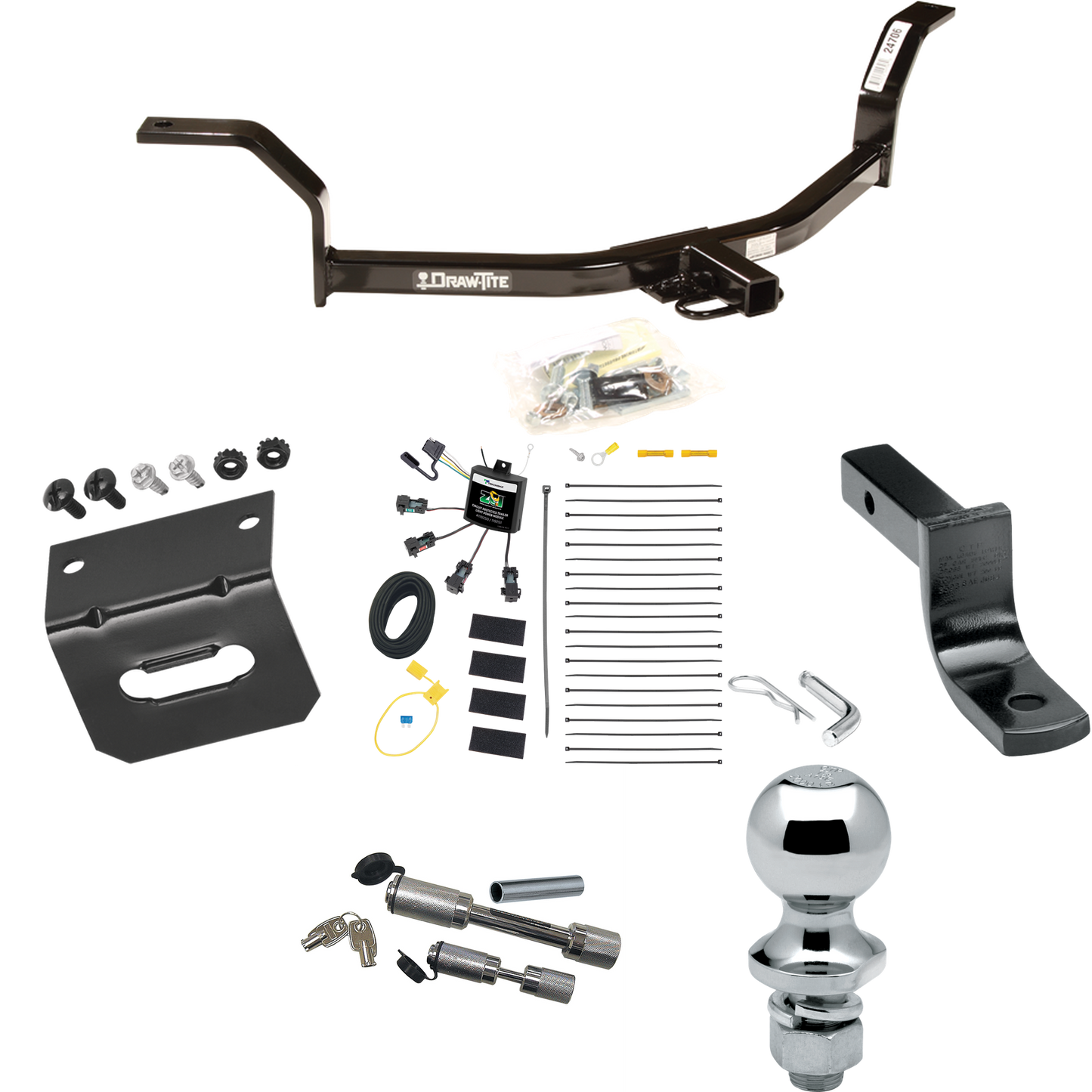 Fits 2001-2005 Honda Civic Trailer Hitch Tow PKG w/ 4-Flat Zero Contact "No Splice" Wiring Harness + Draw-Bar + 1-7/8" Ball + Wiring Bracket + Dual Hitch & Coupler Locks By Draw-Tite