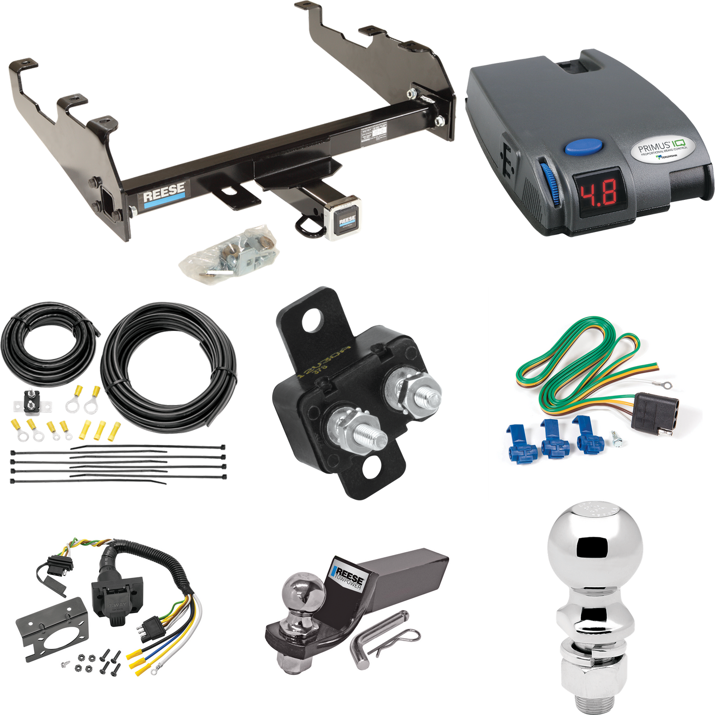 Fits 1989-1997 Ford F Super Duty Trailer Hitch Tow PKG w/ Tekonsha Primus IQ Brake Control + 7-Way RV Wiring + 2" & 2-5/16" Ball & Drop Mount (For Cab & Chassis, w/34" Wide Frames & 161" Wheelbase & w/Deep Drop Bumper Models) By Reese Towpower