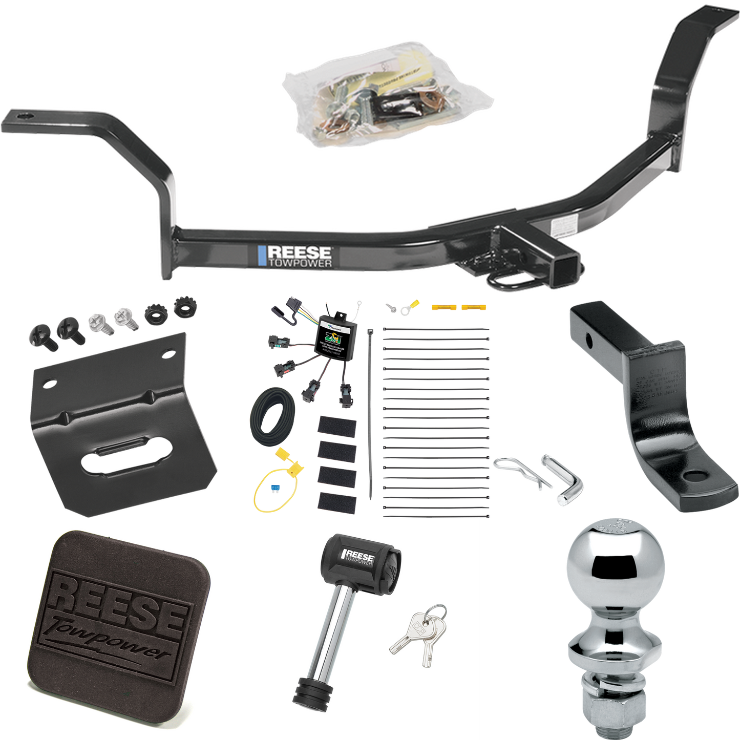 Se adapta al paquete de enganche de remolque Honda Civic 2001-2005 con arnés de cableado de 4 contactos planos "sin empalme" + barra de tracción + bola de 1-7/8" + soporte de cableado + cubierta de enganche + bloqueo de enganche de Reese Towpower