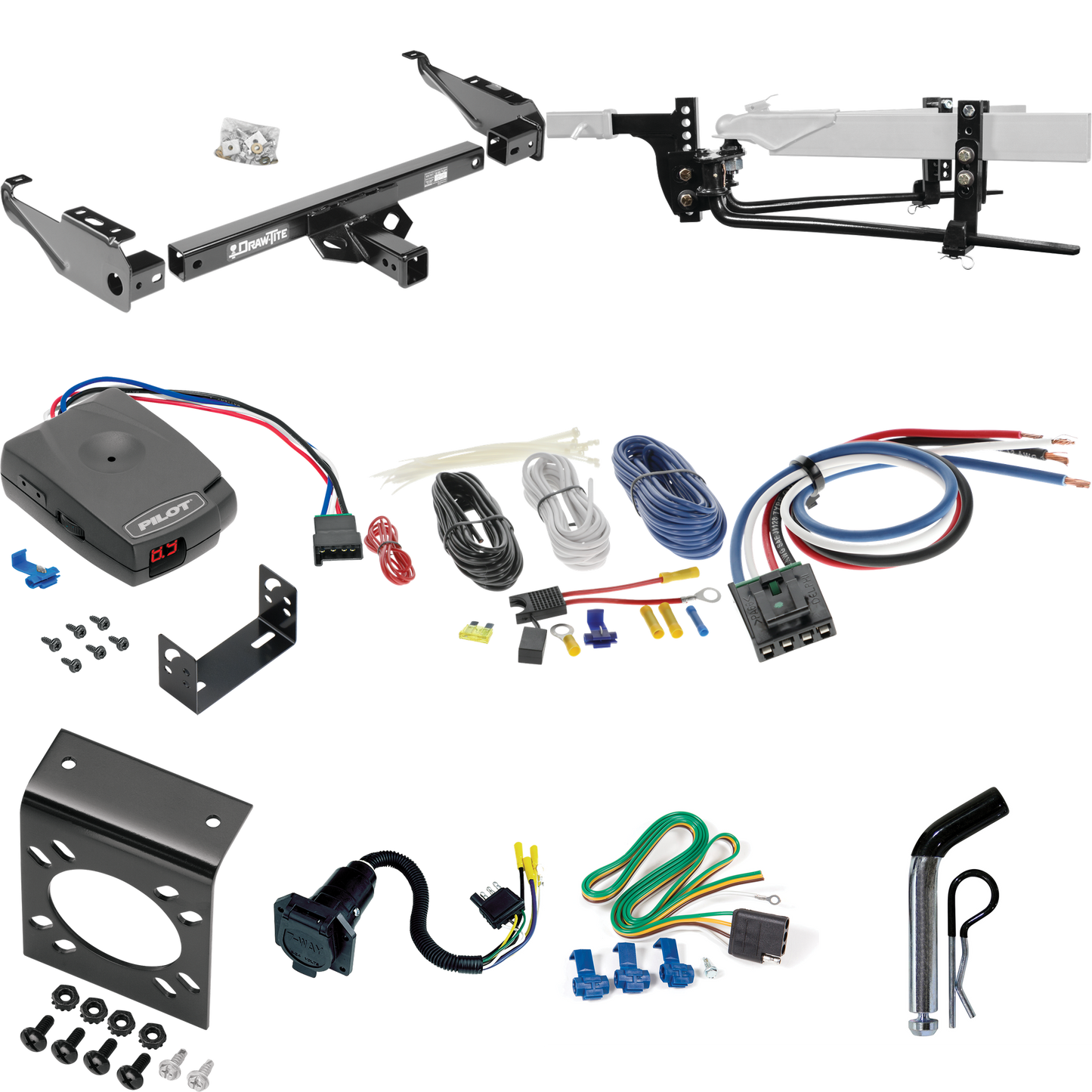 Fits 1981-1993 Dodge D350 Trailer Hitch Tow PKG w/ 11.5K Round Bar Weight Distribution Hitch w/ 2-5/16" Ball + Pin/Clip + Pro Series Pilot Brake Control + Generic BC Wiring Adapter + 7-Way RV Wiring By Draw-Tite