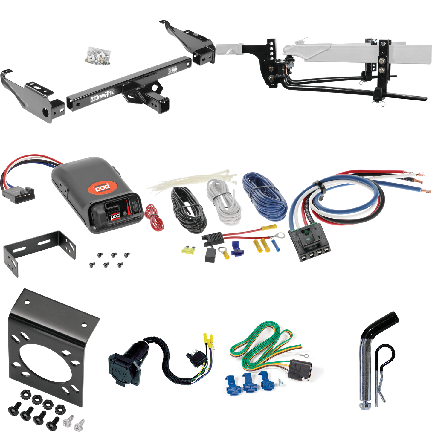Fits 1963-1966 GMC 3500 Trailer Hitch Tow PKG w/ 11.5K Round Bar Weight Distribution Hitch w/ 2-5/16" Ball + Pin/Clip + Pro Series POD Brake Control + Generic BC Wiring Adapter + 7-Way RV Wiring By Draw-Tite