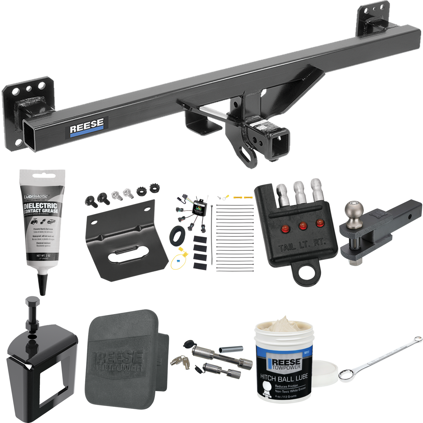 Fits 2007-2016 Audi Q7 Trailer Hitch Tow PKG w/ 4-Flat Zero Contact "No Splice" Wiring + Clevis Hitch Ball Mount w/ 2" Ball + Wiring Bracket + Hitch Cover + Dual Hitch & Coupler Locks + Wiring Tester + Ball Lube + Electric Grease + Ball Wrench + Anti