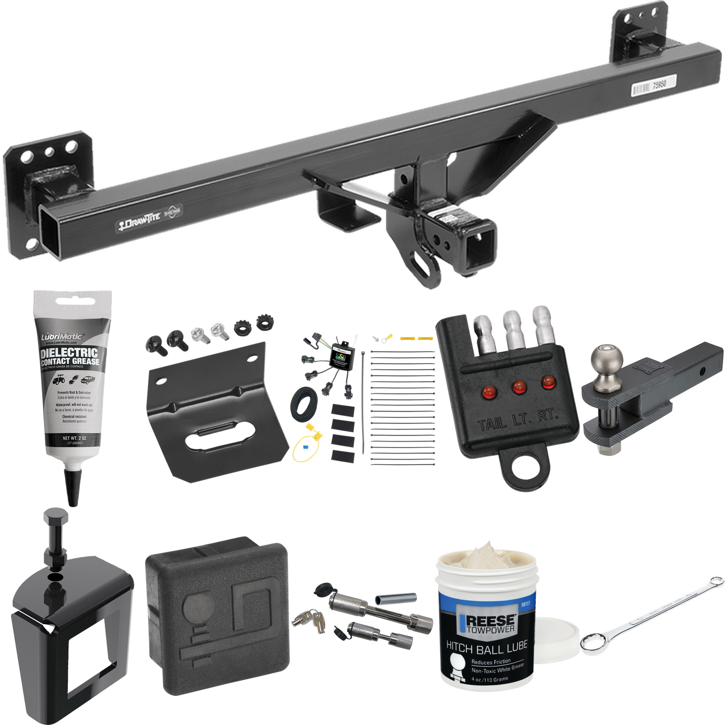 Fits 2011-2018 Porsche Cayenne Trailer Hitch Tow PKG w/ 4-Flat Zero Contact "No Splice" Wiring + Clevis Hitch Ball Mount w/ 2" Ball + Wiring Bracket + Hitch Cover + Dual Hitch & Coupler Locks + Wiring Tester + Ball Lube + Electric Grease + Ball Wrenc