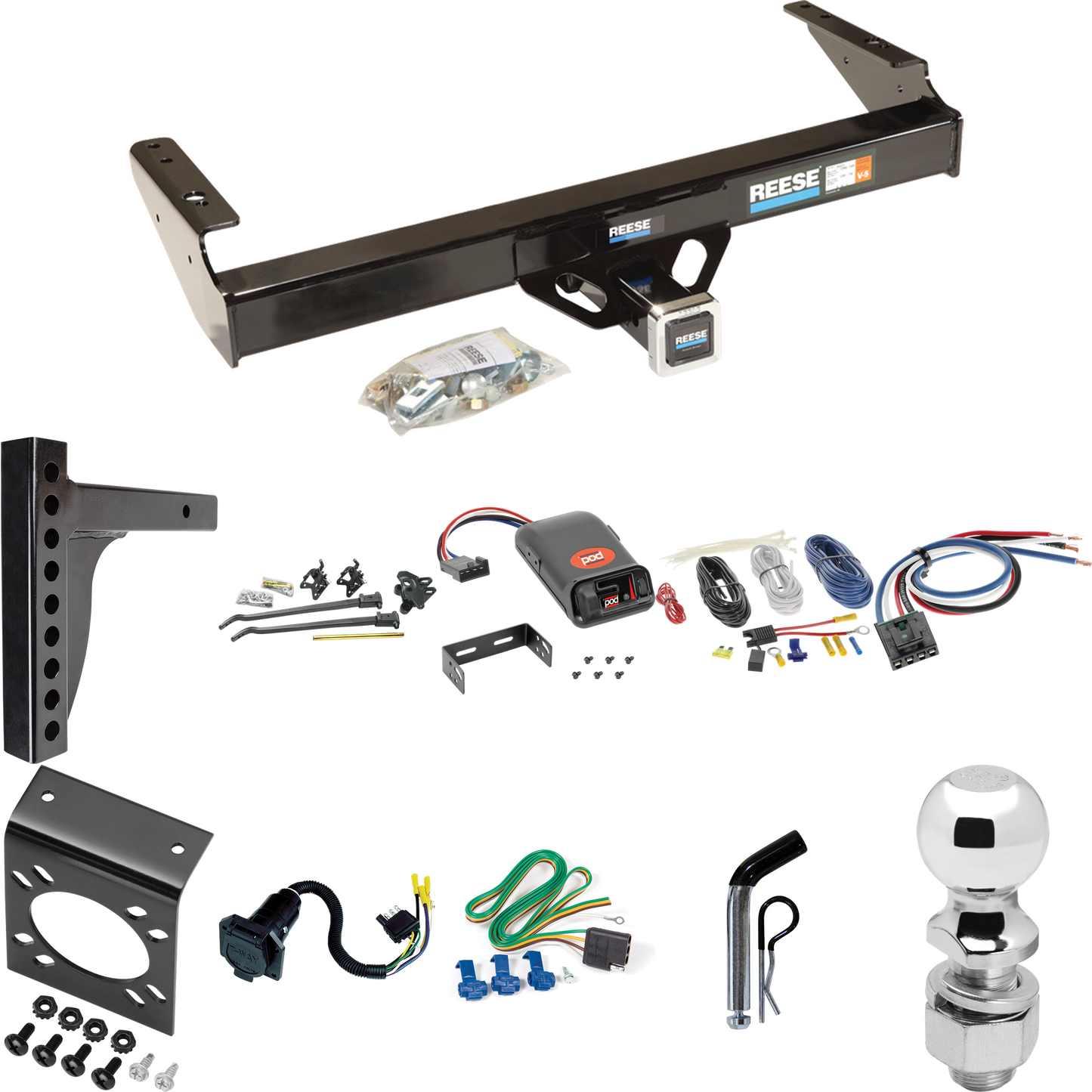 Fits 1986-1993 Dodge D150 Trailer Hitch Tow PKG w/ 12K Trunnion Bar Weight Distribution Hitch + Pin/Clip + 2-5/16" Ball + Pro Series POD Brake Control + Generic BC Wiring Adapter + 7-Way RV Wiring By Reese Towpower