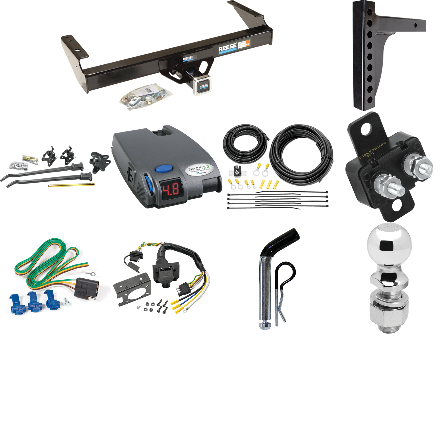 Fits 1986-1993 Dodge D250 Trailer Hitch Tow PKG w/ 12K Trunnion Bar Weight Distribution Hitch + Pin/Clip + 2-5/16" Ball + Tekonsha Primus IQ Brake Control + 7-Way RV Wiring By Reese Towpower