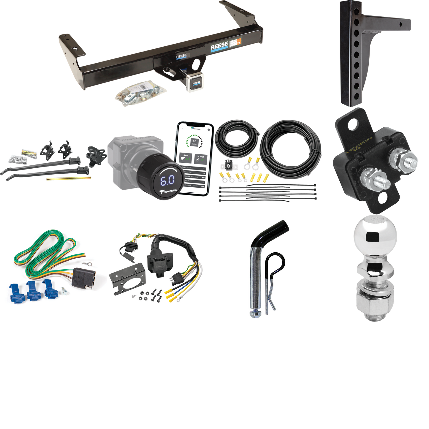 Fits 1986-1989 Dodge D100 Trailer Hitch Tow PKG w/ 12K Trunnion Bar Weight Distribution Hitch + Pin/Clip + 2-5/16" Ball + Tekonsha Prodigy iD Bluetooth Wireless Brake Control + 7-Way RV Wiring By Reese Towpower