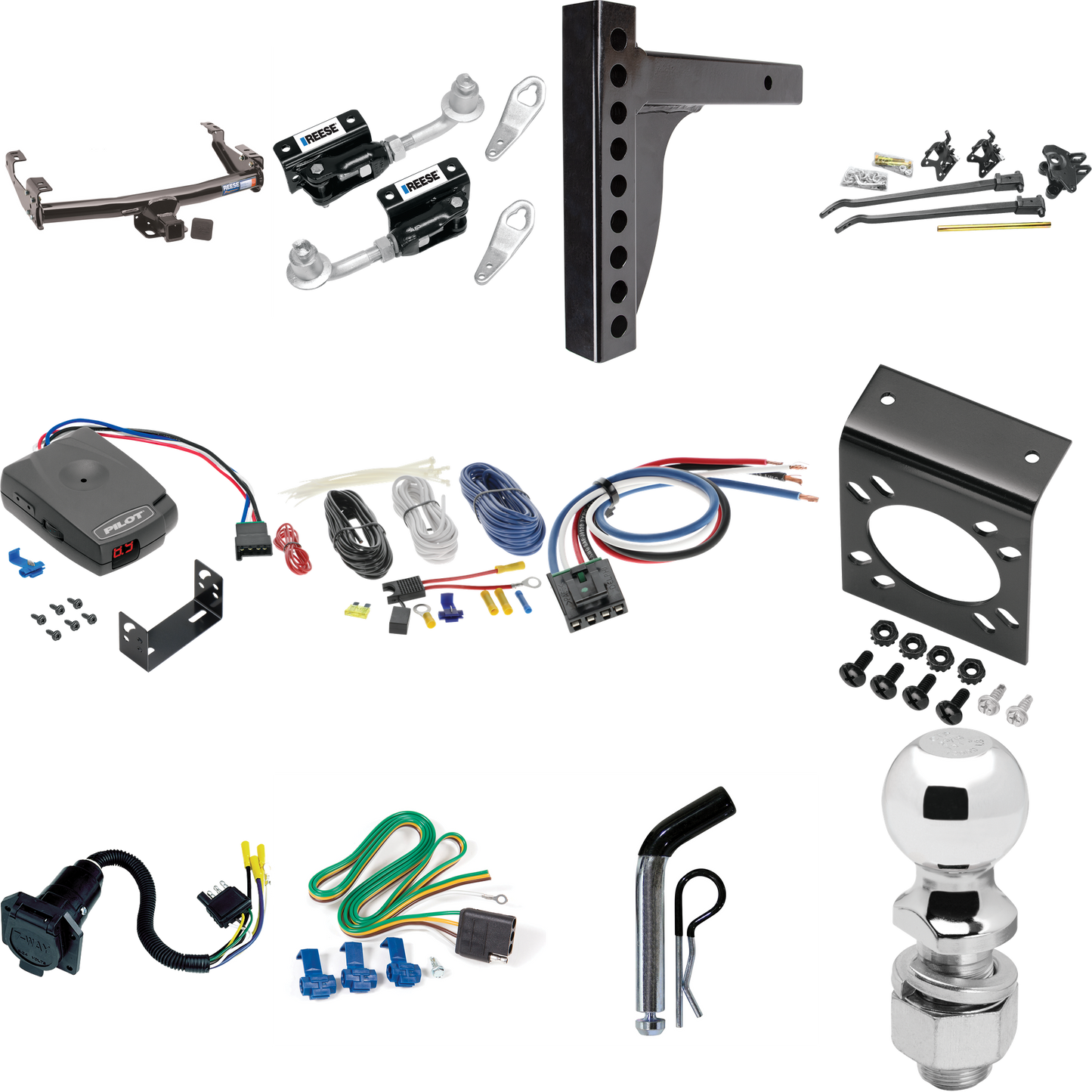 Fits 1979-1982 Dodge D50 Trailer Hitch Tow PKG w/ 12K Trunnion Bar Weight Distribution Hitch + Pin/Clip + Dual Cam Sway Control + 2-5/16" Ball + Pro Series Pilot Brake Control + Generic BC Wiring Adapter + 7-Way RV Wiring By Reese Towpower