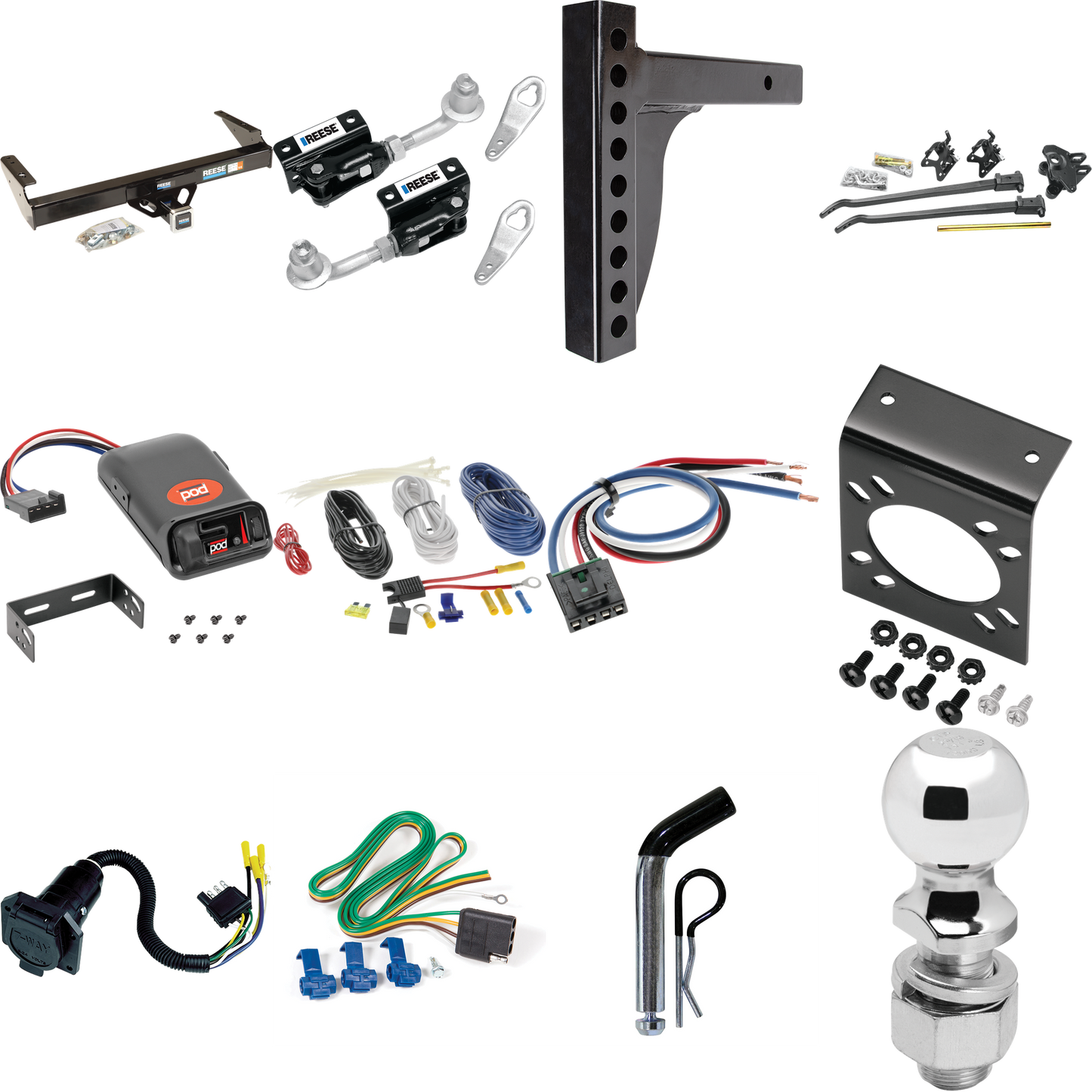 Fits 1986-1993 Dodge D350 Trailer Hitch Tow PKG w/ 12K Trunnion Bar Weight Distribution Hitch + Pin/Clip + Dual Cam Sway Control + 2-5/16" Ball + Pro Series POD Brake Control + Generic BC Wiring Adapter + 7-Way RV Wiring By Reese Towpower