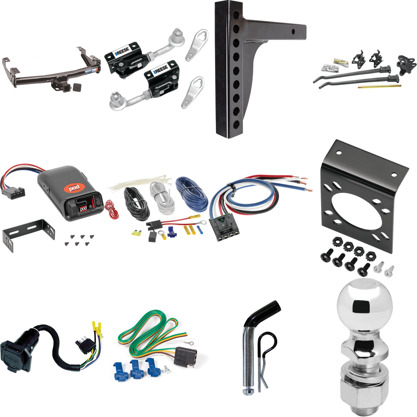 Fits 1971-1993 Dodge D250 Trailer Hitch Tow PKG w/ 12K Trunnion Bar Weight Distribution Hitch + Pin/Clip + Dual Cam Sway Control + 2-5/16" Ball + Pro Series POD Brake Control + Generic BC Wiring Adapter + 7-Way RV Wiring By Reese Towpower