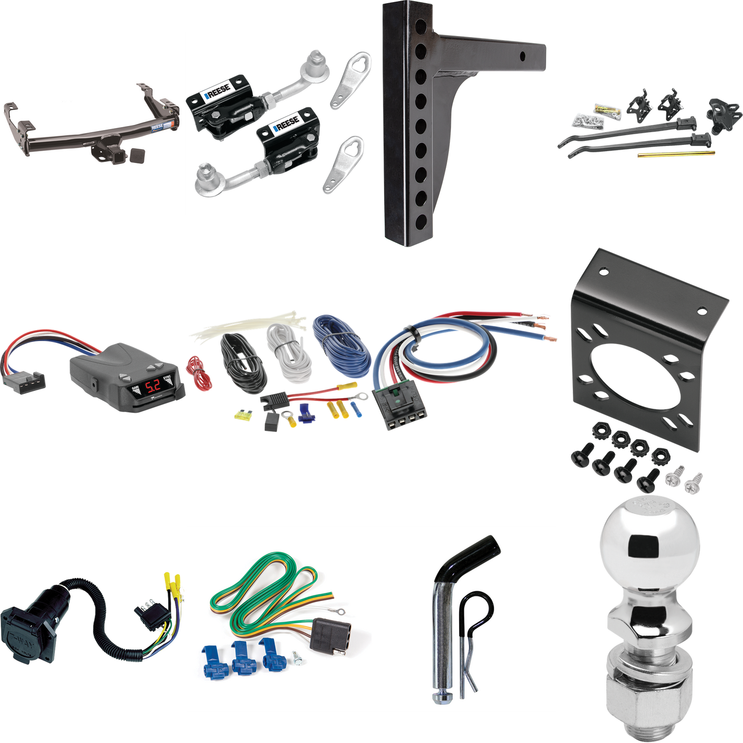 Fits 1971-1993 Dodge D250 Trailer Hitch Tow PKG w/ 12K Trunnion Bar Weight Distribution Hitch + Pin/Clip + Dual Cam Sway Control + 2-5/16" Ball + Tekonsha Brakeman IV Brake Control + Generic BC Wiring Adapter + 7-Way RV Wiring By Reese Towpower
