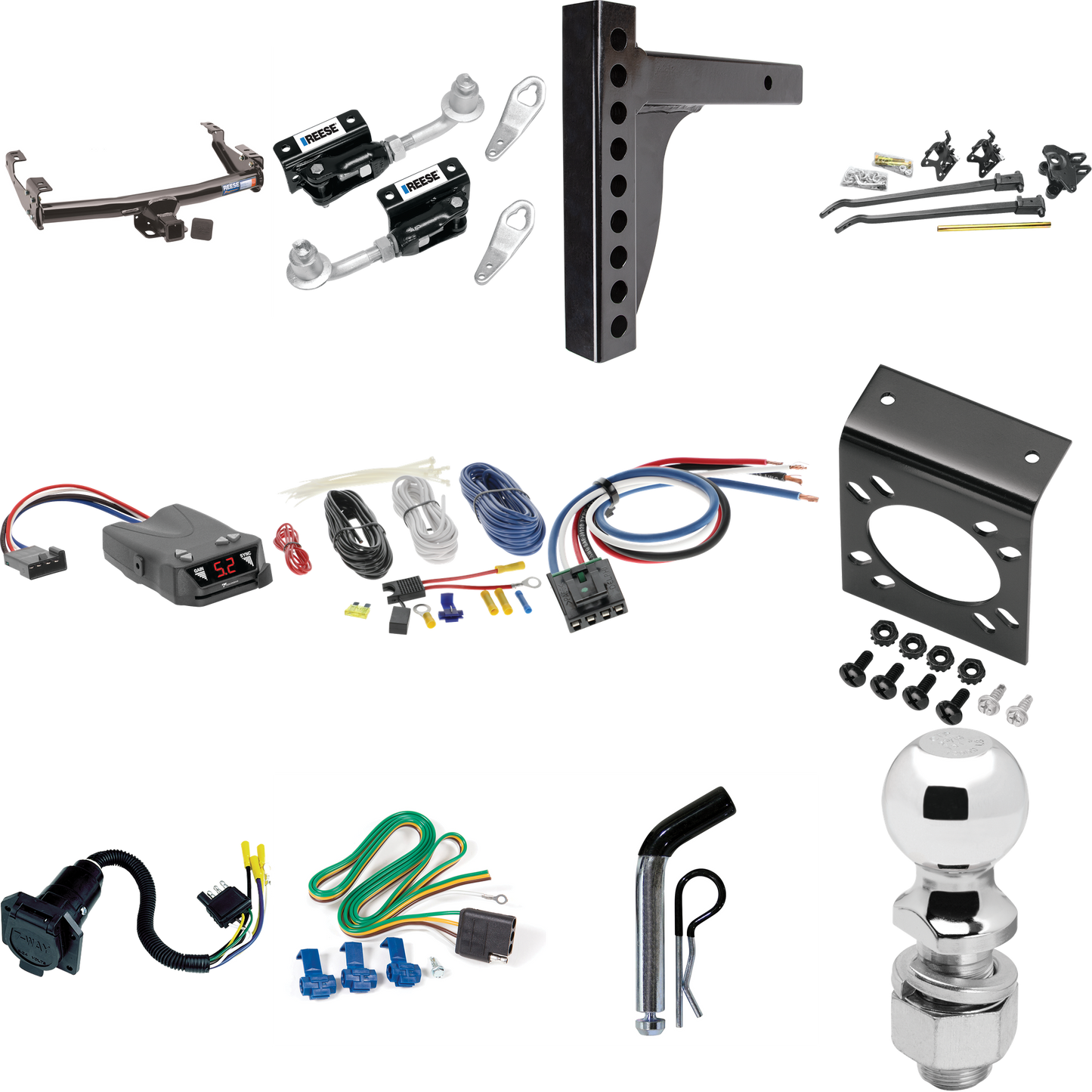 Fits 1981-1993 Dodge W350 Trailer Hitch Tow PKG w/ 12K Trunnion Bar Weight Distribution Hitch + Pin/Clip + Dual Cam Sway Control + 2-5/16" Ball + Tekonsha Brakeman IV Brake Control + Generic BC Wiring Adapter + 7-Way RV Wiring By Reese Towpower