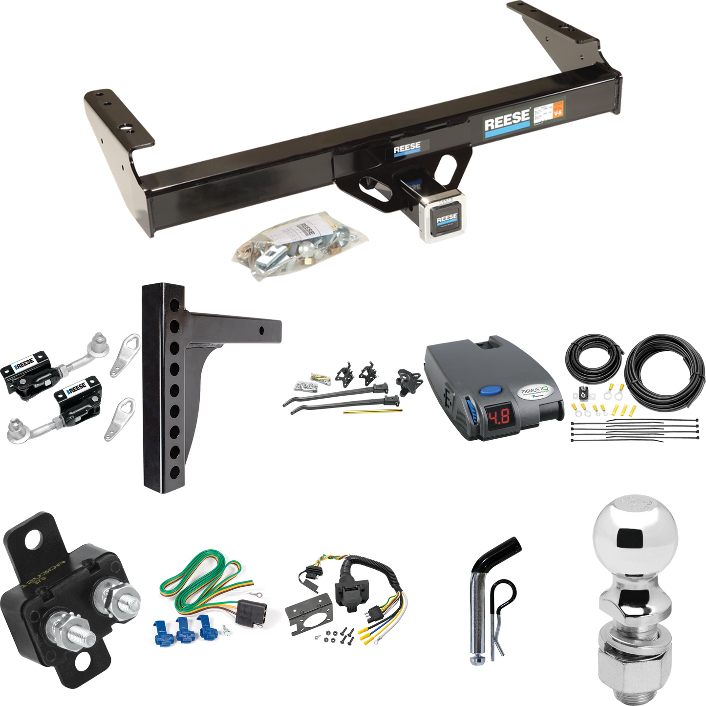 Fits 1986-1993 Dodge D250 Trailer Hitch Tow PKG w/ 12K Trunnion Bar Weight Distribution Hitch + Pin/Clip + Dual Cam Sway Control + 2-5/16" Ball + Tekonsha Primus IQ Brake Control + 7-Way RV Wiring By Reese Towpower