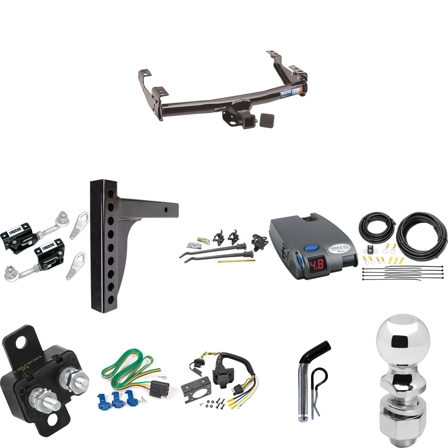Fits 1971-1993 Dodge D250 Trailer Hitch Tow PKG w/ 12K Trunnion Bar Weight Distribution Hitch + Pin/Clip + Dual Cam Sway Control + 2-5/16" Ball + Tekonsha Primus IQ Brake Control + 7-Way RV Wiring By Reese Towpower