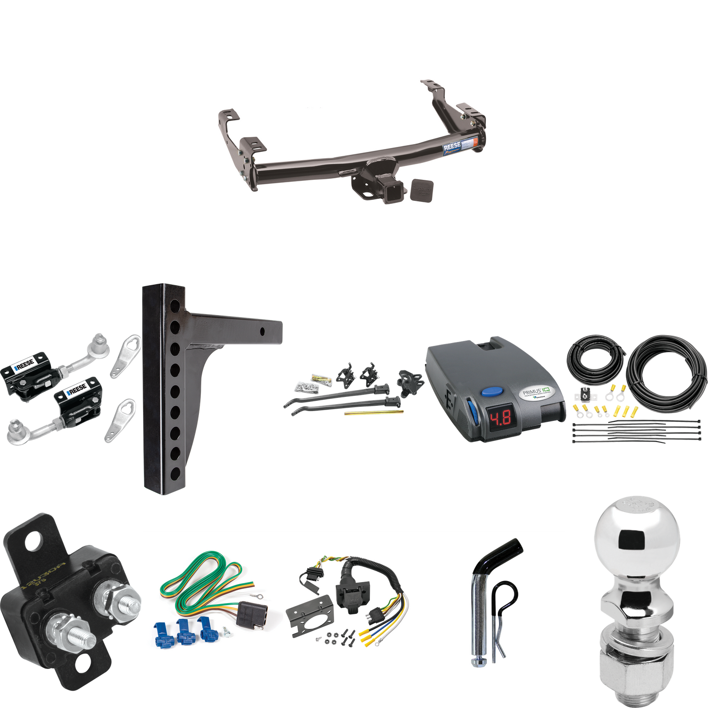 Fits 1975-1981 Dodge W300 Trailer Hitch Tow PKG w/ 12K Trunnion Bar Weight Distribution Hitch + Pin/Clip + Dual Cam Sway Control + 2-5/16" Ball + Tekonsha Primus IQ Brake Control + 7-Way RV Wiring By Reese Towpower