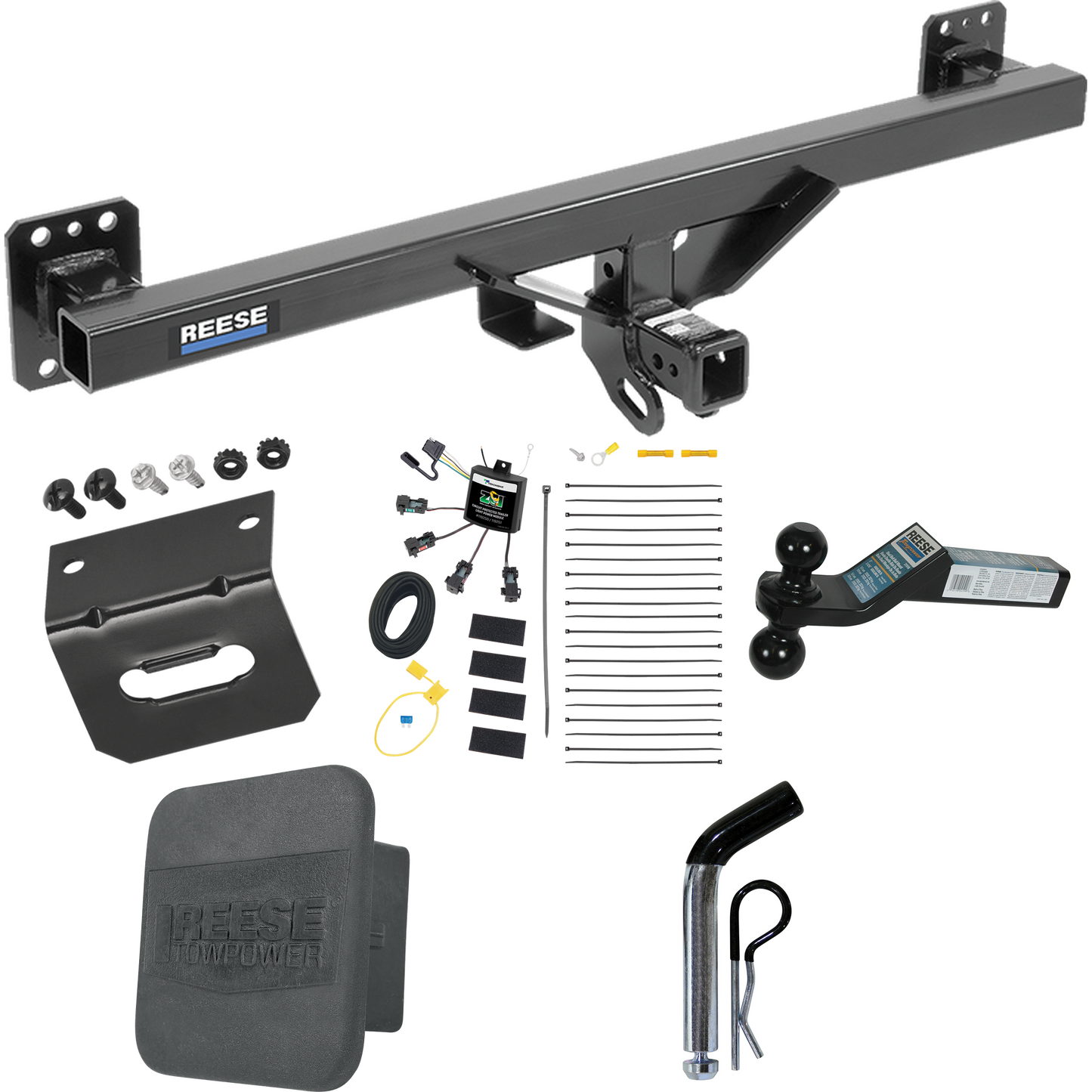 Fits 2011-2018 Porsche Cayenne Trailer Hitch Tow PKG w/ 4-Flat Zero Contact "No Splice" Wiring + Dual Ball Ball Mount 2" & 2-5/16" Trailer Balls + Pin/Clip + Wiring Bracket + Hitch Cover By Reese Towpower