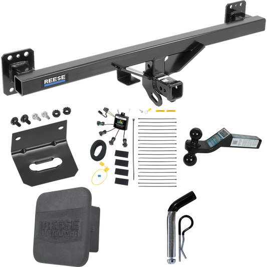 Fits 2011-2018 Porsche Cayenne Trailer Hitch Tow PKG w/ 4-Flat Zero Contact "No Splice" Wiring + Dual Ball Ball Mount 2" & 2-5/16" Trailer Balls + Pin/Clip + Wiring Bracket + Hitch Cover By Reese Towpower