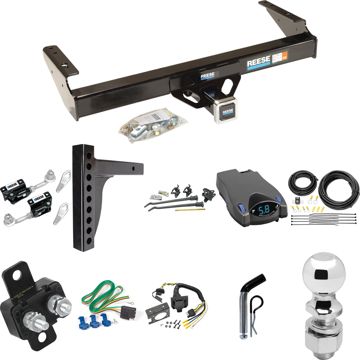 Fits 1977-1993 Dodge W150 Trailer Hitch Tow PKG w/ 12K Trunnion Bar Weight Distribution Hitch + Pin/Clip + Dual Cam Sway Control + 2-5/16" Ball + Tekonsha Prodigy P2 Brake Control + 7-Way RV Wiring By Reese Towpower