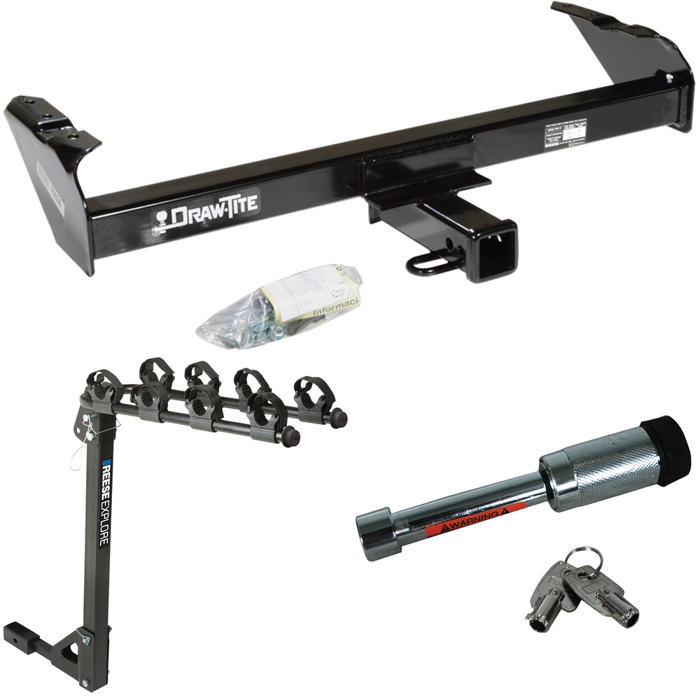 Fits 1977-1993 Dodge D150 Trailer Hitch Tow PKG w/ 4 Bike Carrier Rack + Hitch Lock By Draw-Tite