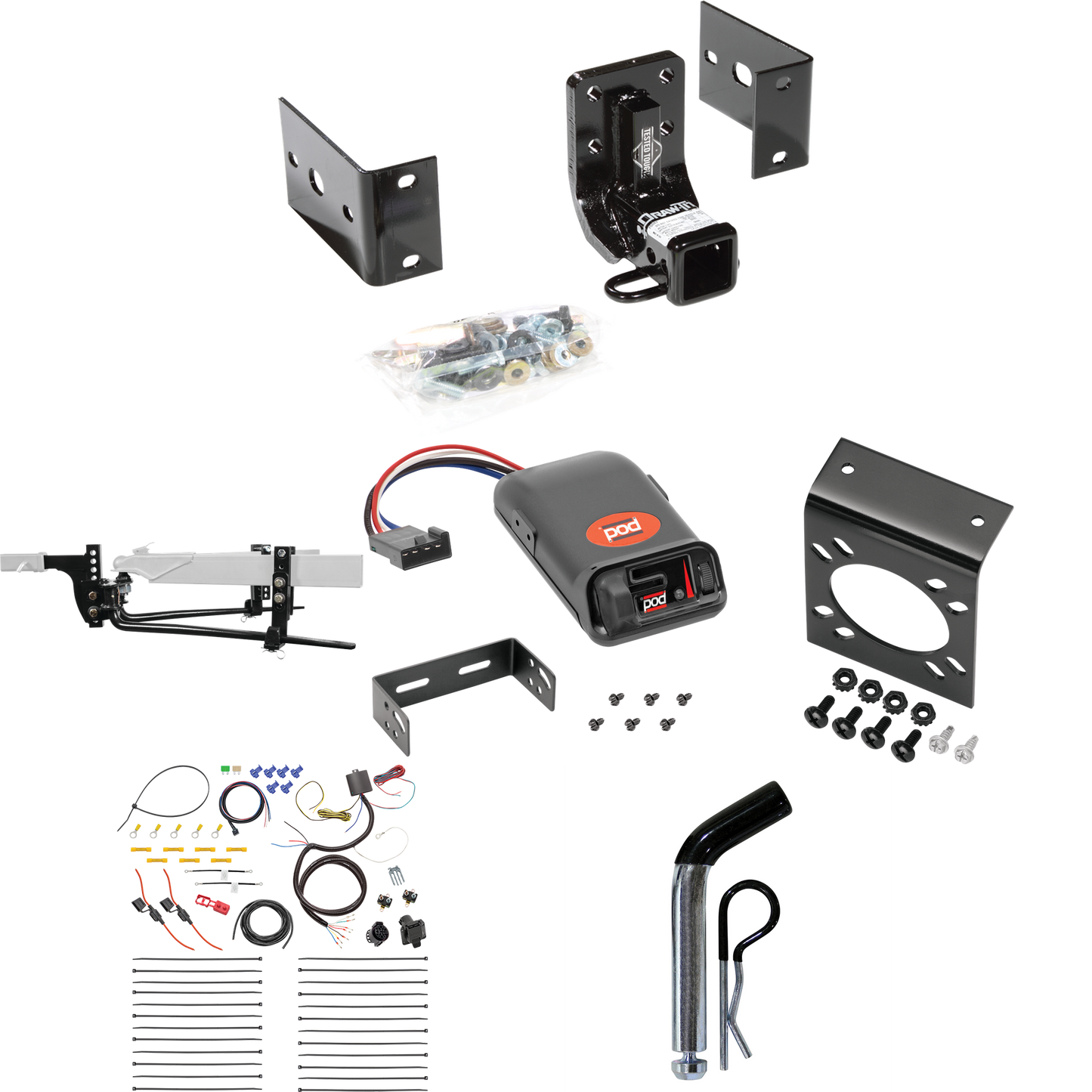 Fits 1999-2001 Mercedes-Benz ML430 Trailer Hitch Tow PKG w/ 6K Round Bar Weight Distribution Hitch w/ 2-5/16" Ball + Pin/Clip + Pro Series POD Brake Control + 7-Way RV Wiring By Draw-Tite