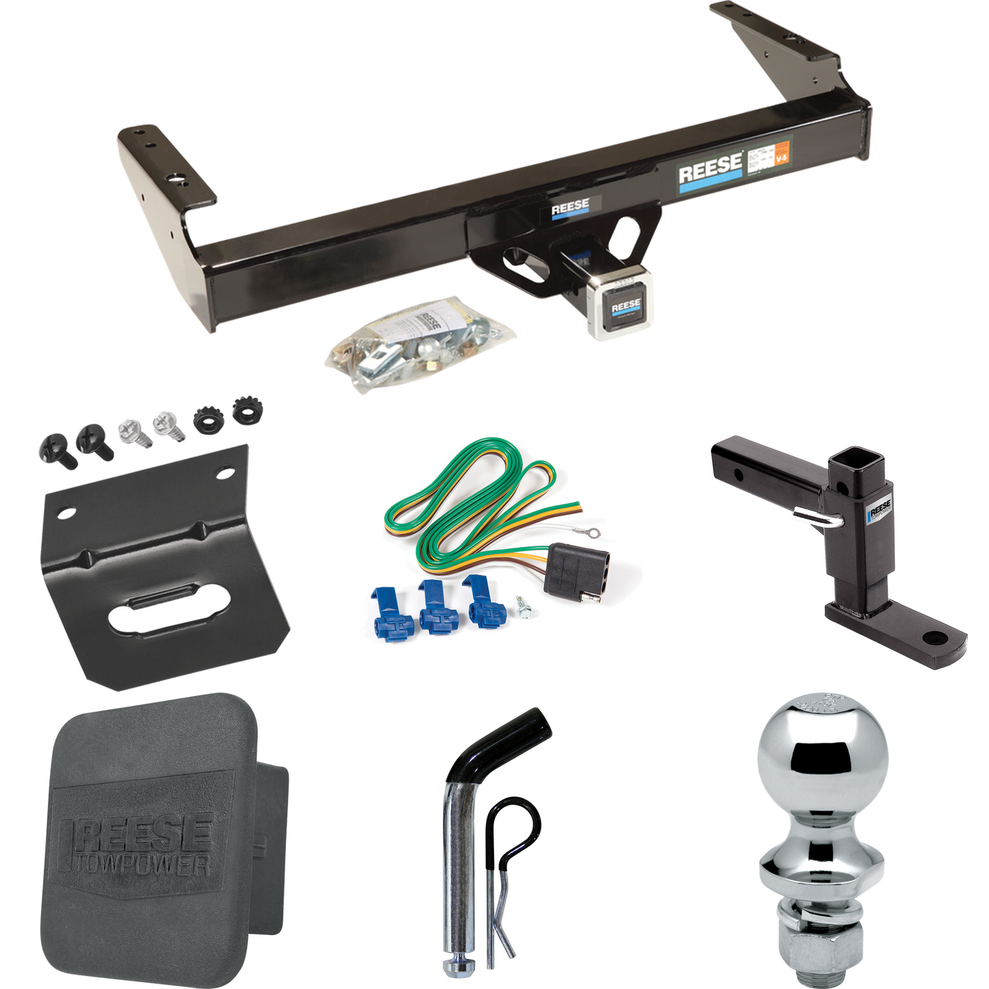 Fits 1971-1980 Dodge D300 Trailer Hitch Tow PKG w/ 4-Flat Wiring + Adjustable Drop Rise Ball Mount + Pin/Clip + 1-7/8" Ball + Wiring Bracket + Hitch Cover By Reese Towpower