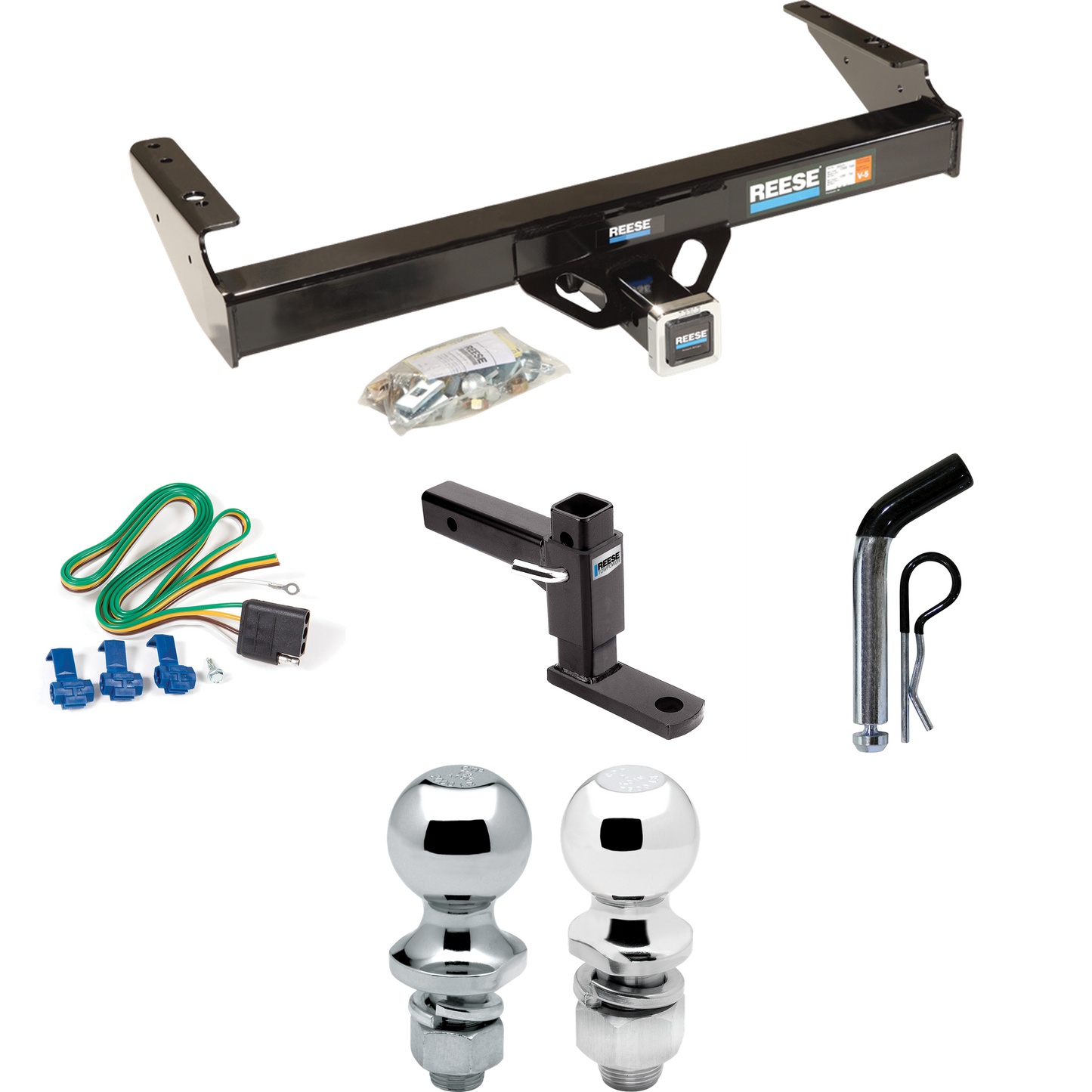 Fits 1975-1979 Ford F-100 Trailer Hitch Tow PKG w/ 4-Flat Wiring + Adjustable Drop Rise Ball Mount + Pin/Clip + 2" Ball + 1-7/8" Ball By Reese Towpower