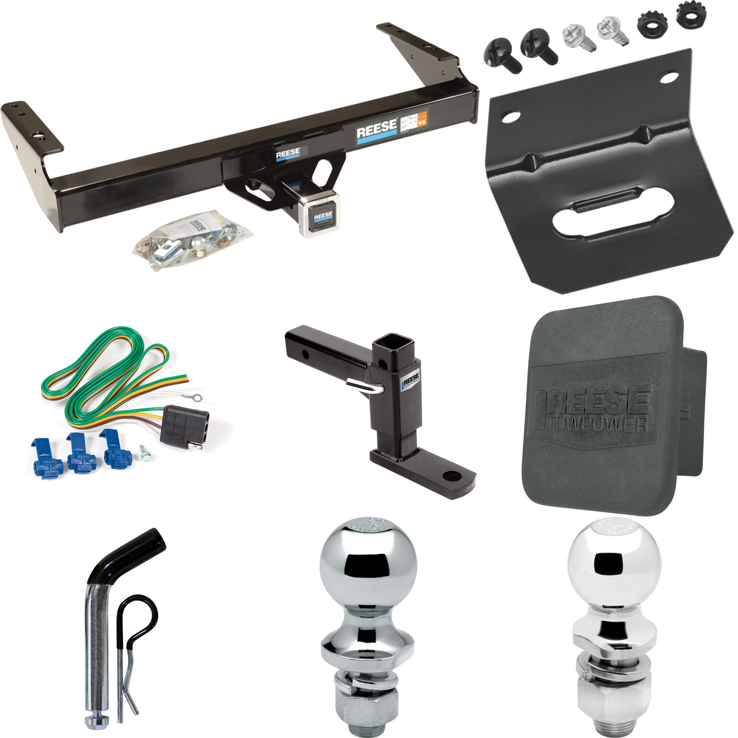 Fits 1980-1983 Ford F-100 Trailer Hitch Tow PKG w/ 4-Flat Wiring + Adjustable Drop Rise Ball Mount + Pin/Clip + 2" Ball + 1-7/8" Ball + Wiring Bracket + Hitch Cover (Excludes: w/Custom Fascia Models) By Reese Towpower