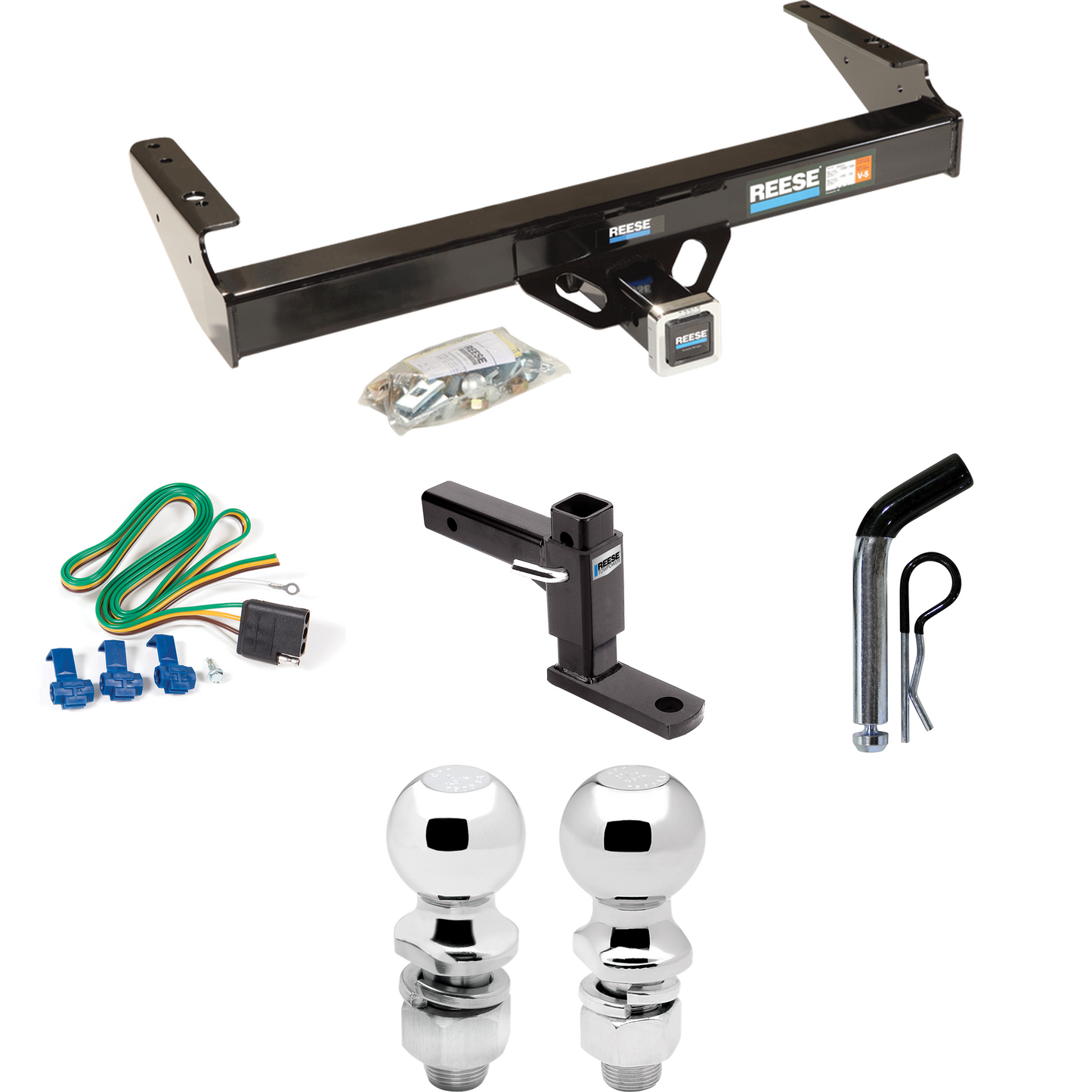 Fits 1971-1980 Dodge D200 Trailer Hitch Tow PKG w/ 4-Flat Wiring + Adjustable Drop Rise Ball Mount + Pin/Clip + 2" Ball + 2-5/16" Ball By Reese Towpower