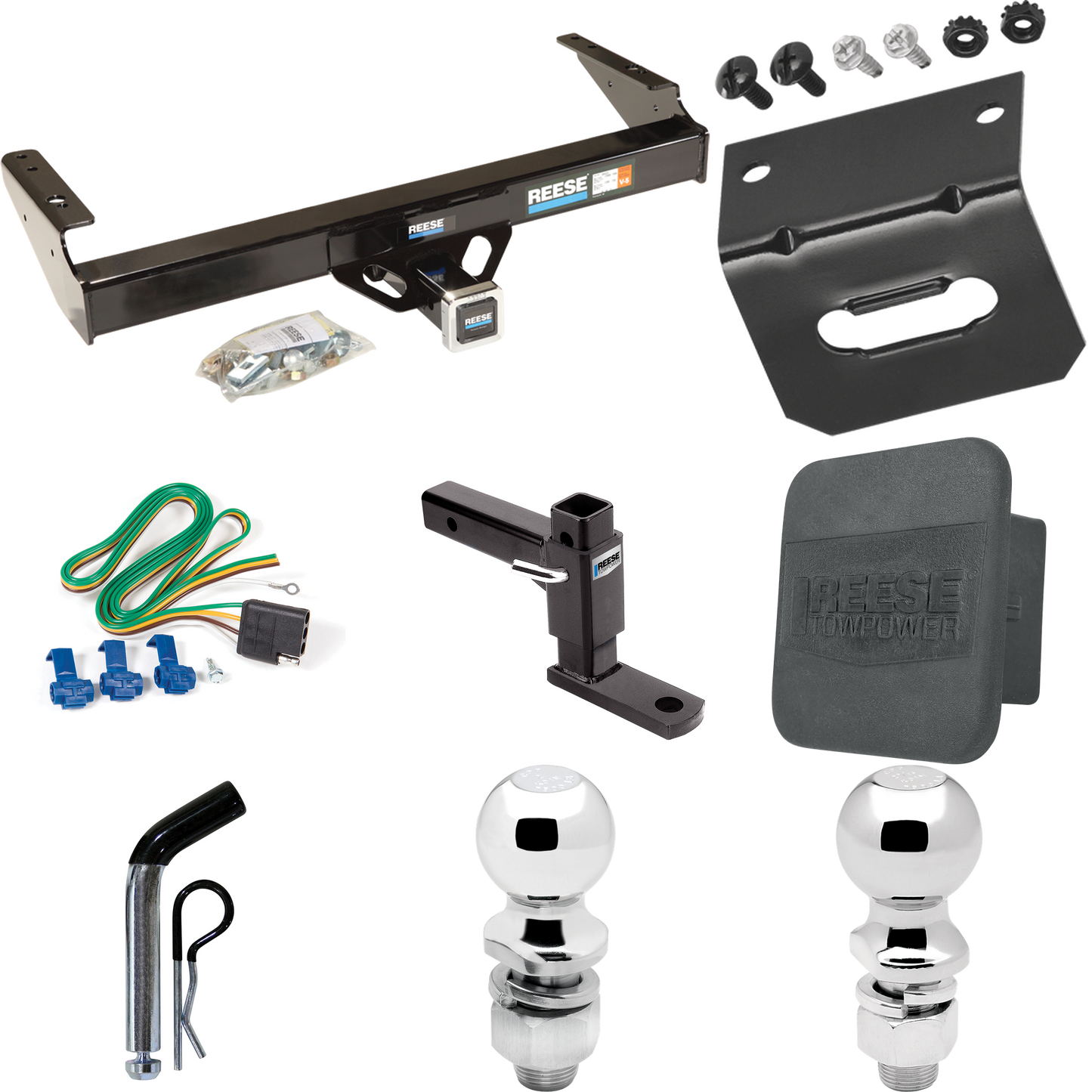 Fits 1971-1980 Dodge D300 Trailer Hitch Tow PKG w/ 4-Flat Wiring + Adjustable Drop Rise Ball Mount + Pin/Clip + 2" Ball + 2-5/16" Ball + Wiring Bracket + Hitch Cover By Reese Towpower