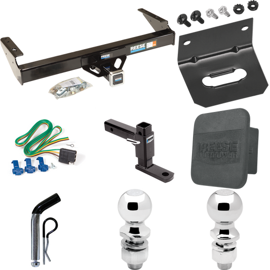 Fits 1971-1980 Dodge D300 Trailer Hitch Tow PKG w/ 4-Flat Wiring + Adjustable Drop Rise Ball Mount + Pin/Clip + 2" Ball + 2-5/16" Ball + Wiring Bracket + Hitch Cover By Reese Towpower