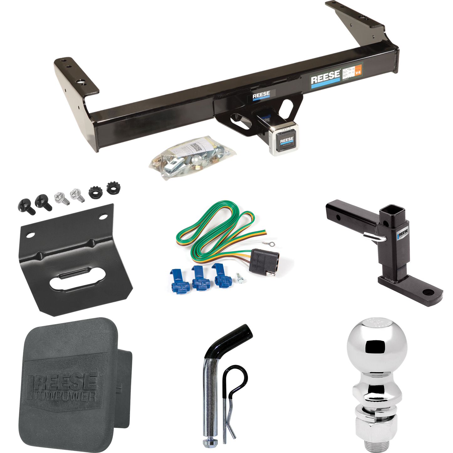 Fits 1977-1993 Dodge W150 Trailer Hitch Tow PKG w/ 4-Flat Wiring + Adjustable Drop Rise Ball Mount + Pin/Clip + 2-5/16" Ball + Wiring Bracket + Hitch Cover By Reese Towpower